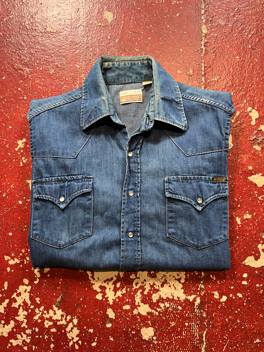 70s Roebucks Western Pearl Snap Denim Long Sleeve Shirt