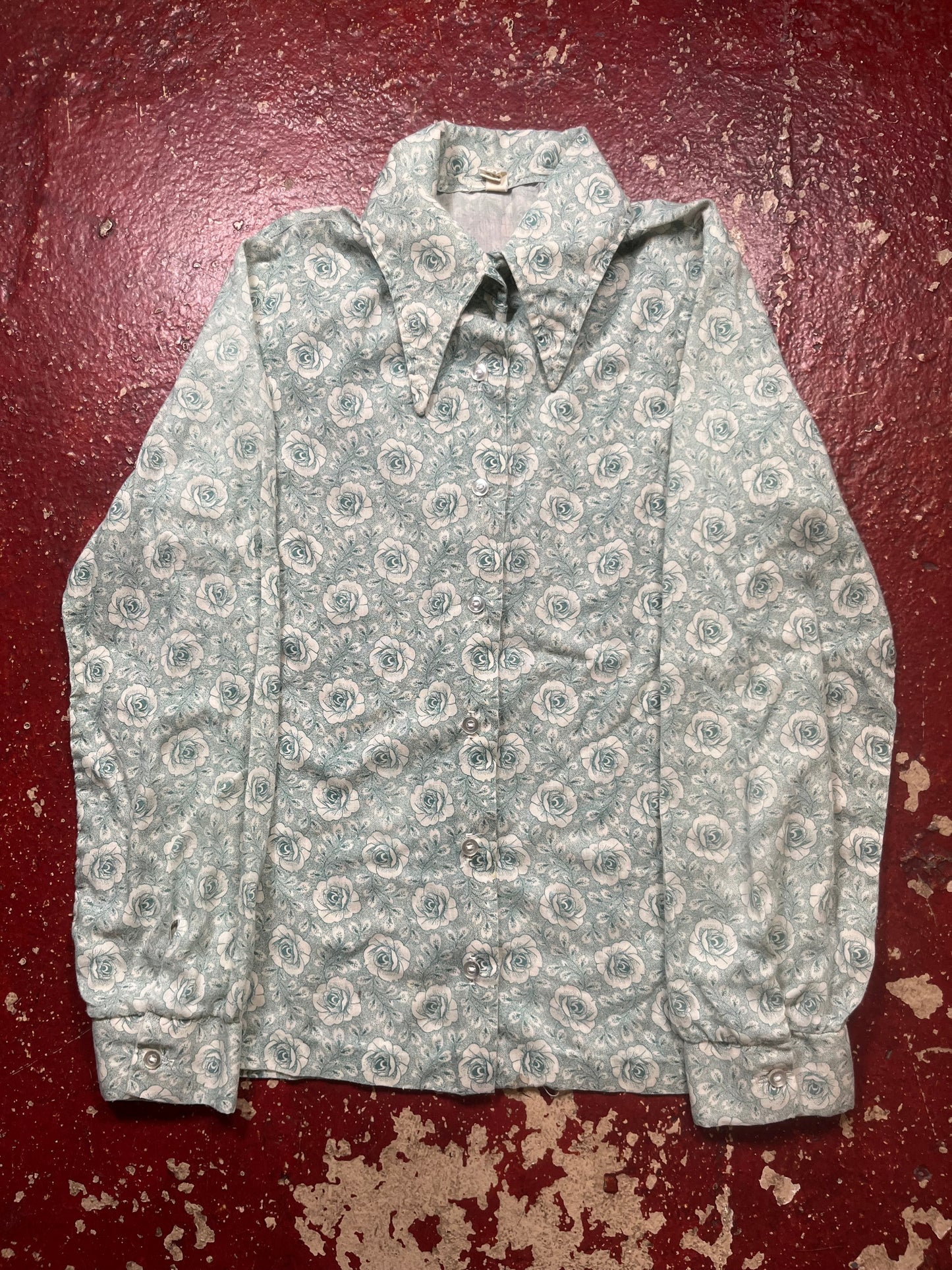 70s Green Flower Long Sleeve Button Up Shirt