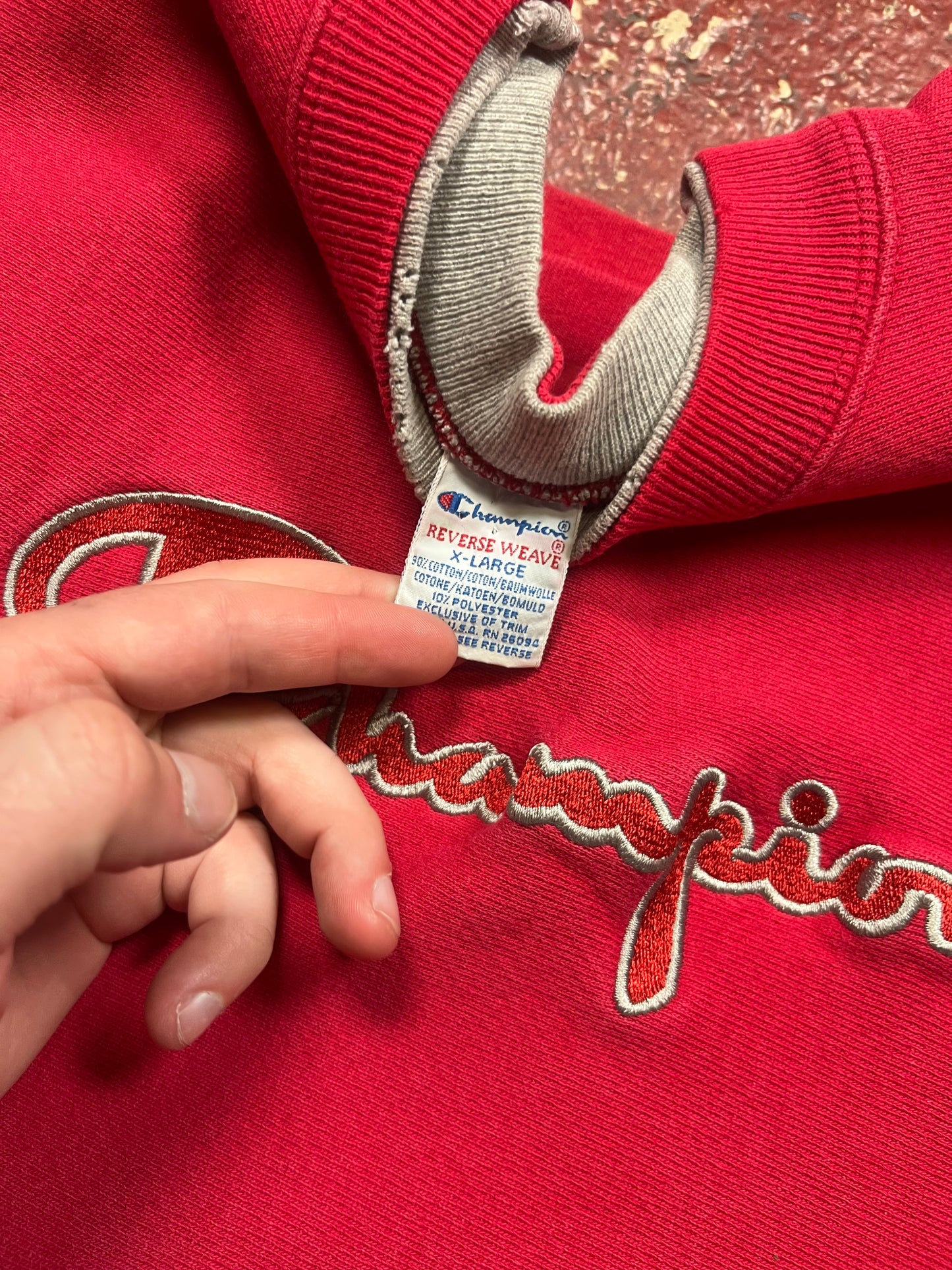 90s Champion Reverse Weave Red Spellout Crewneck