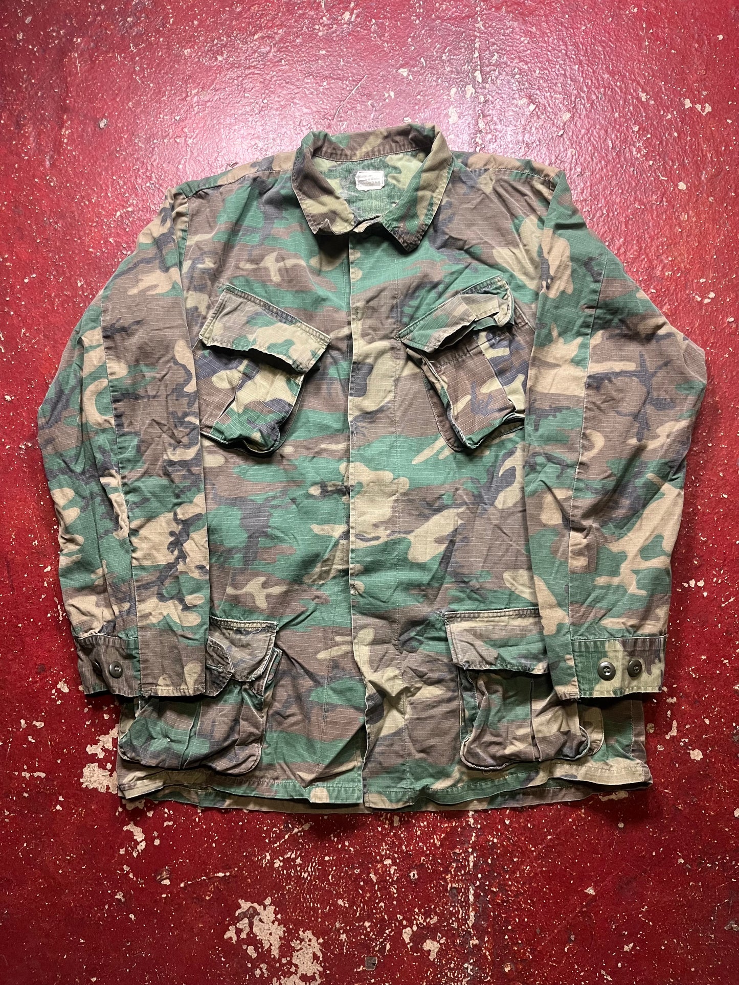 1969 Woodland Camo Slant Pockets Long Sleeve Button Up Shirt
