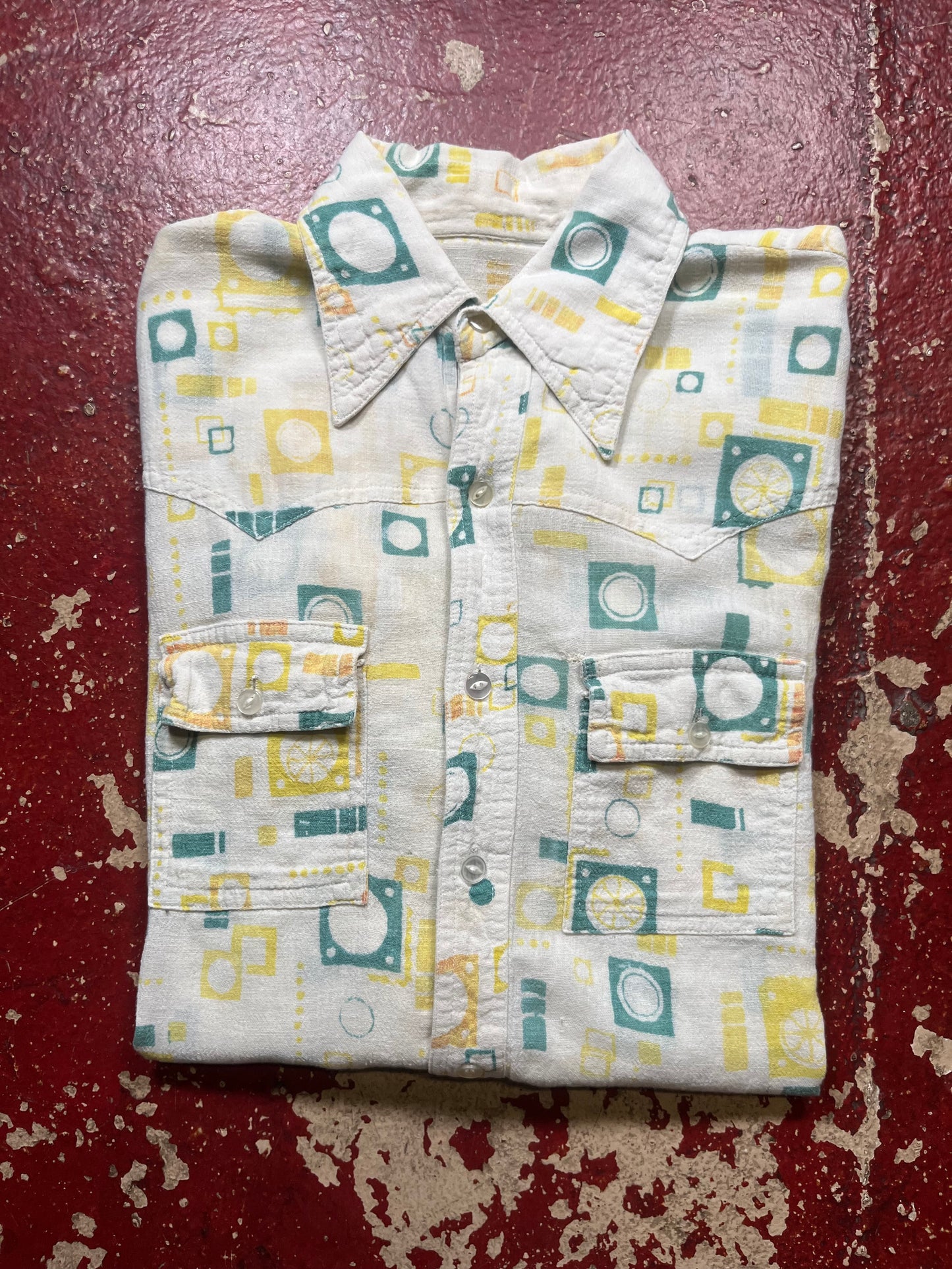 60s/70s Green & Yellow Cotton Long Sleeve Shirt