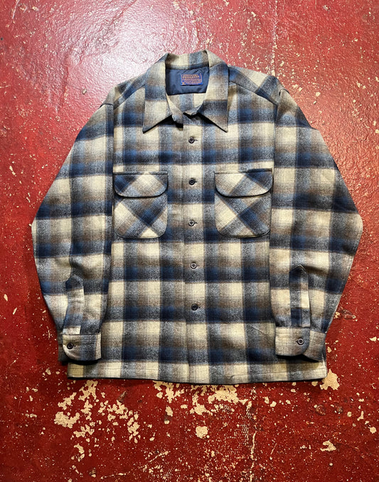 60s Pendleton Blue & Brown Shadow Plaid Long Sleeve Board Shirt