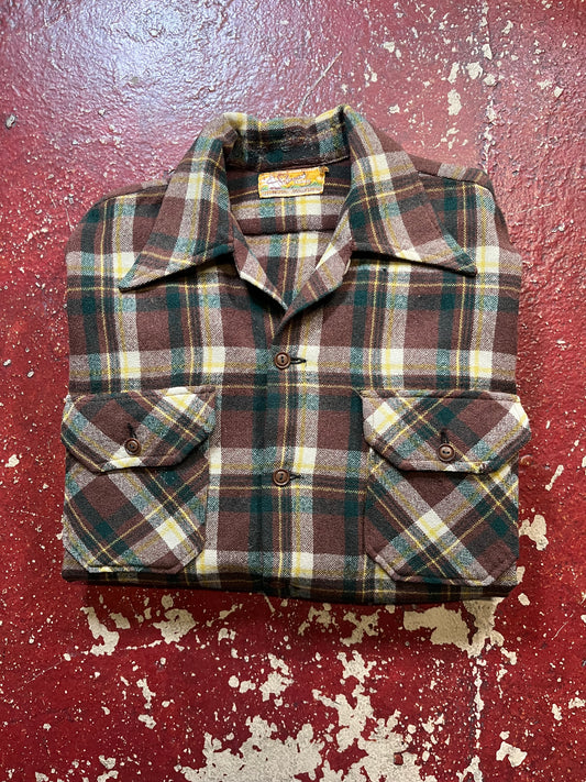 40s/50s Berma Brown & Green Loop Collar Long Sleeve Shirt