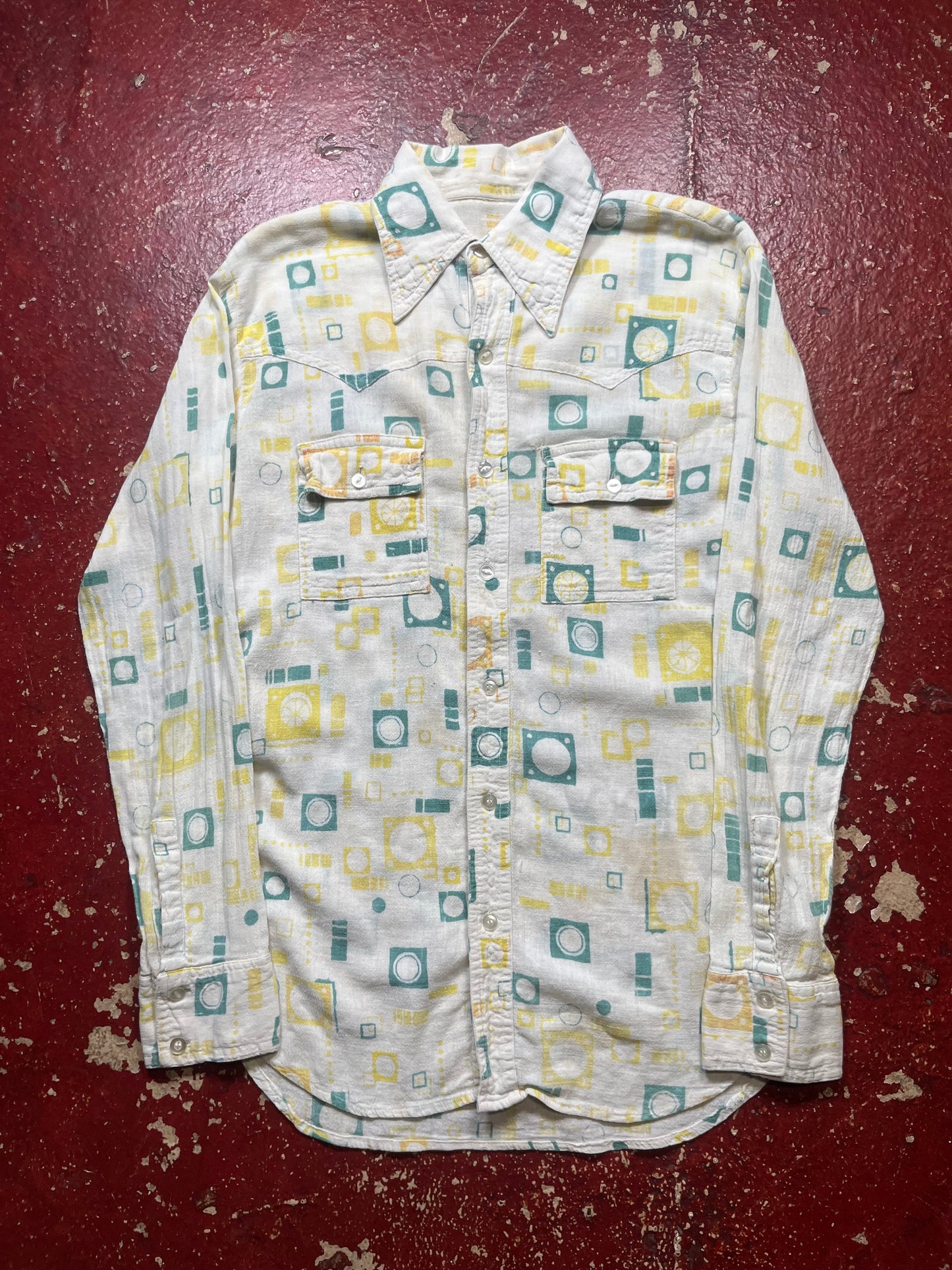60s/70s Green & Yellow Cotton Long Sleeve Shirt