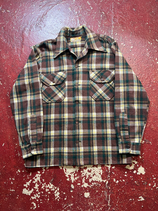 40s/50s Berma Brown & Green Loop Collar Long Sleeve Shirt
