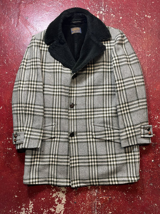 50s Pendleton White & Black Fur Lined Overcoat Jacket