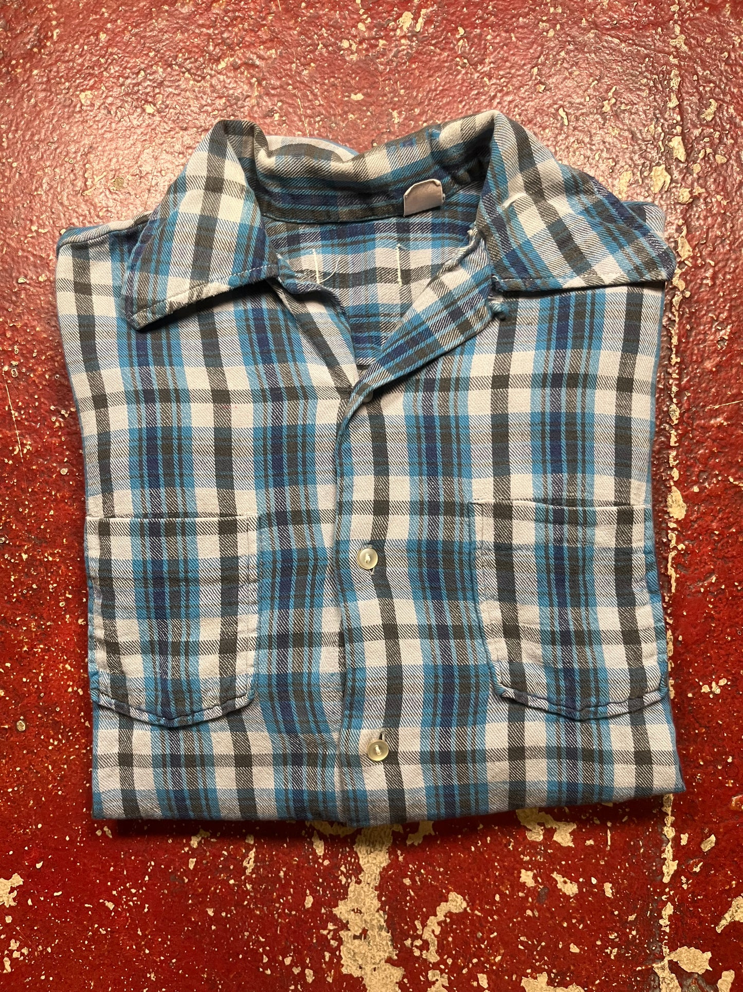 60s Blue & Black Cotton Cotton Flannel