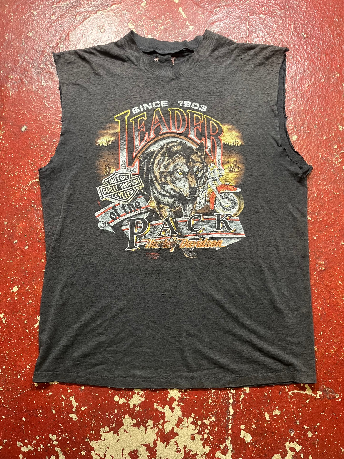 1990 3D Emblem Harley Davidson Leader Of The Pack Cutoff Shirt
