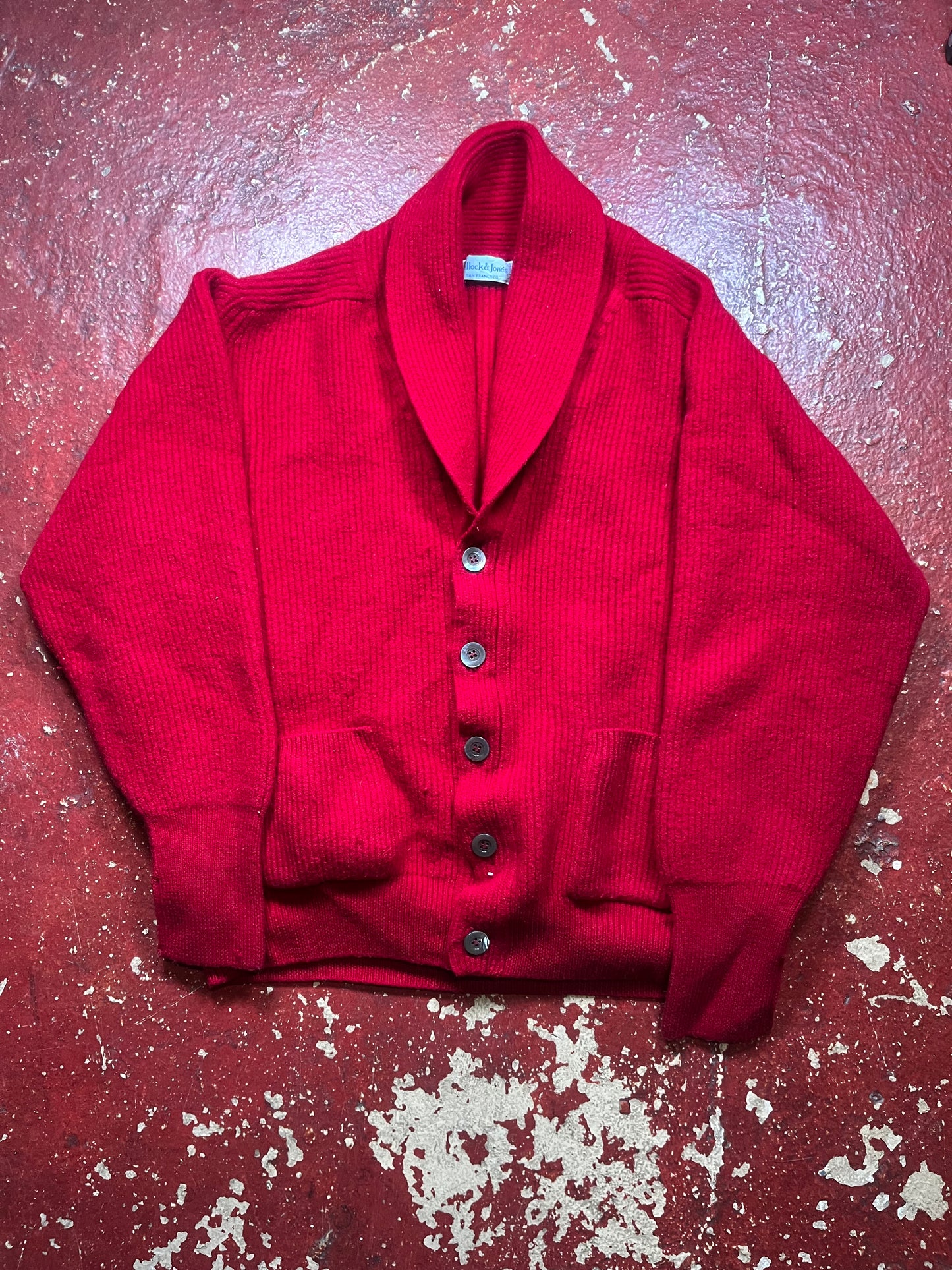 60s Bullock & Jones Red Shawl Collar Cardigan