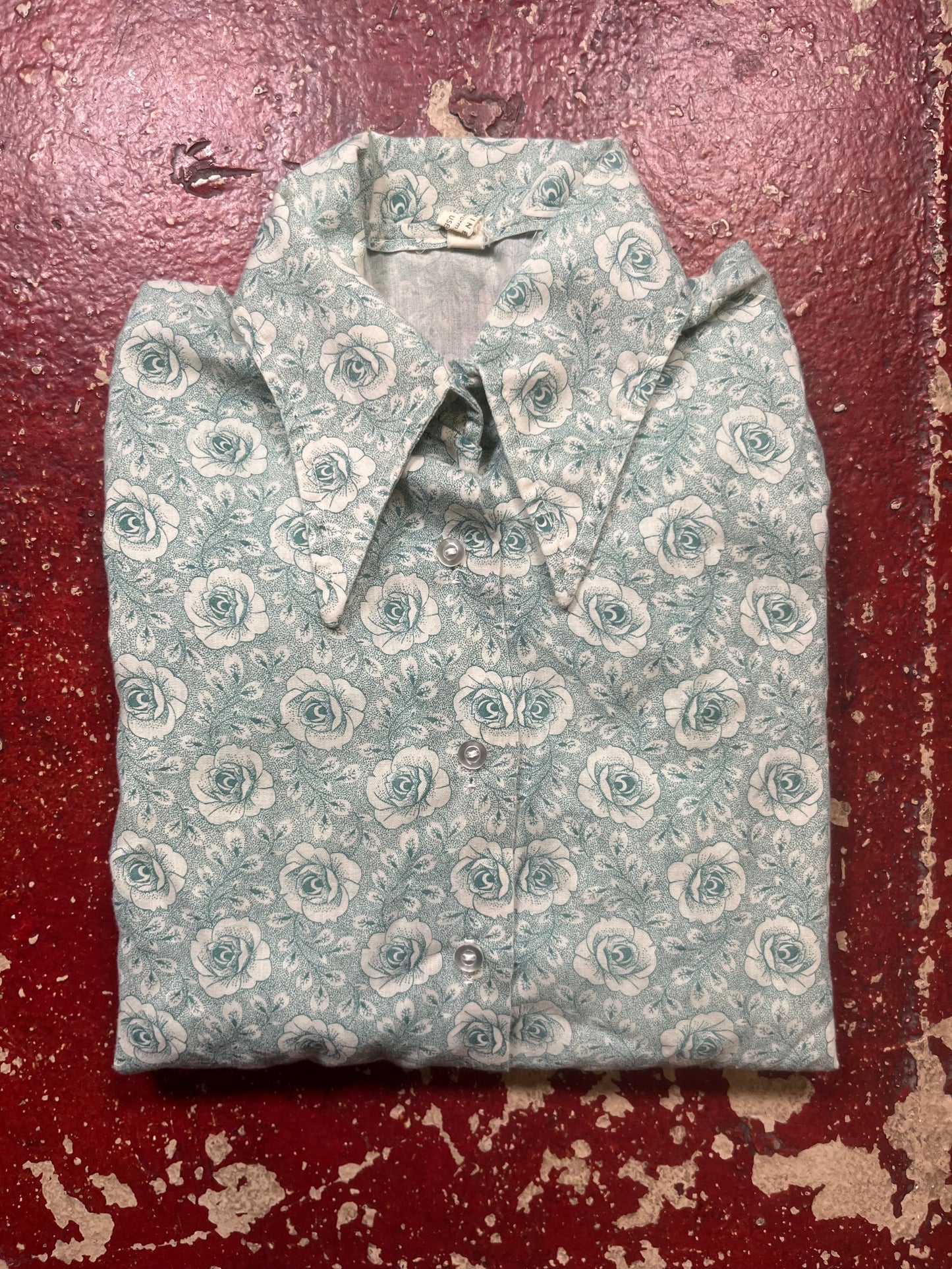 70s Green Flower Long Sleeve Button Up Shirt