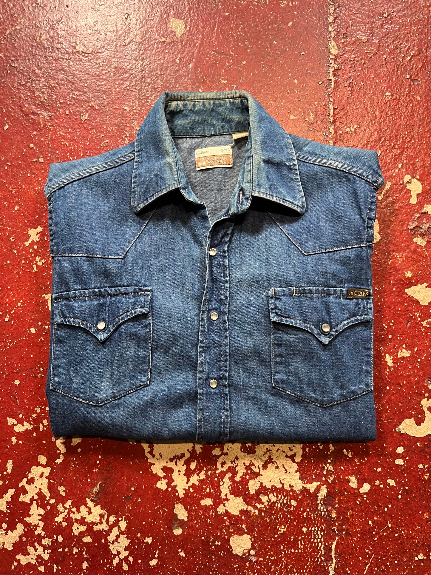 70s Roebucks Western Pearl Snap Denim Long Sleeve Shirt