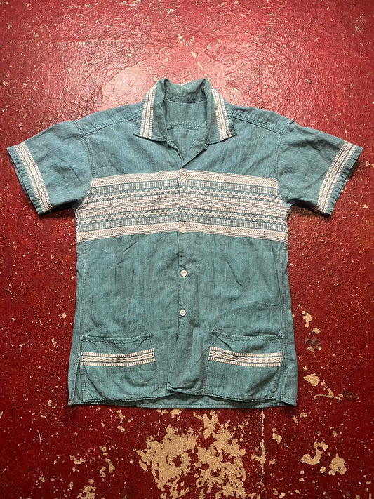 60s Blue Hawaiian Loop Collar Shirt