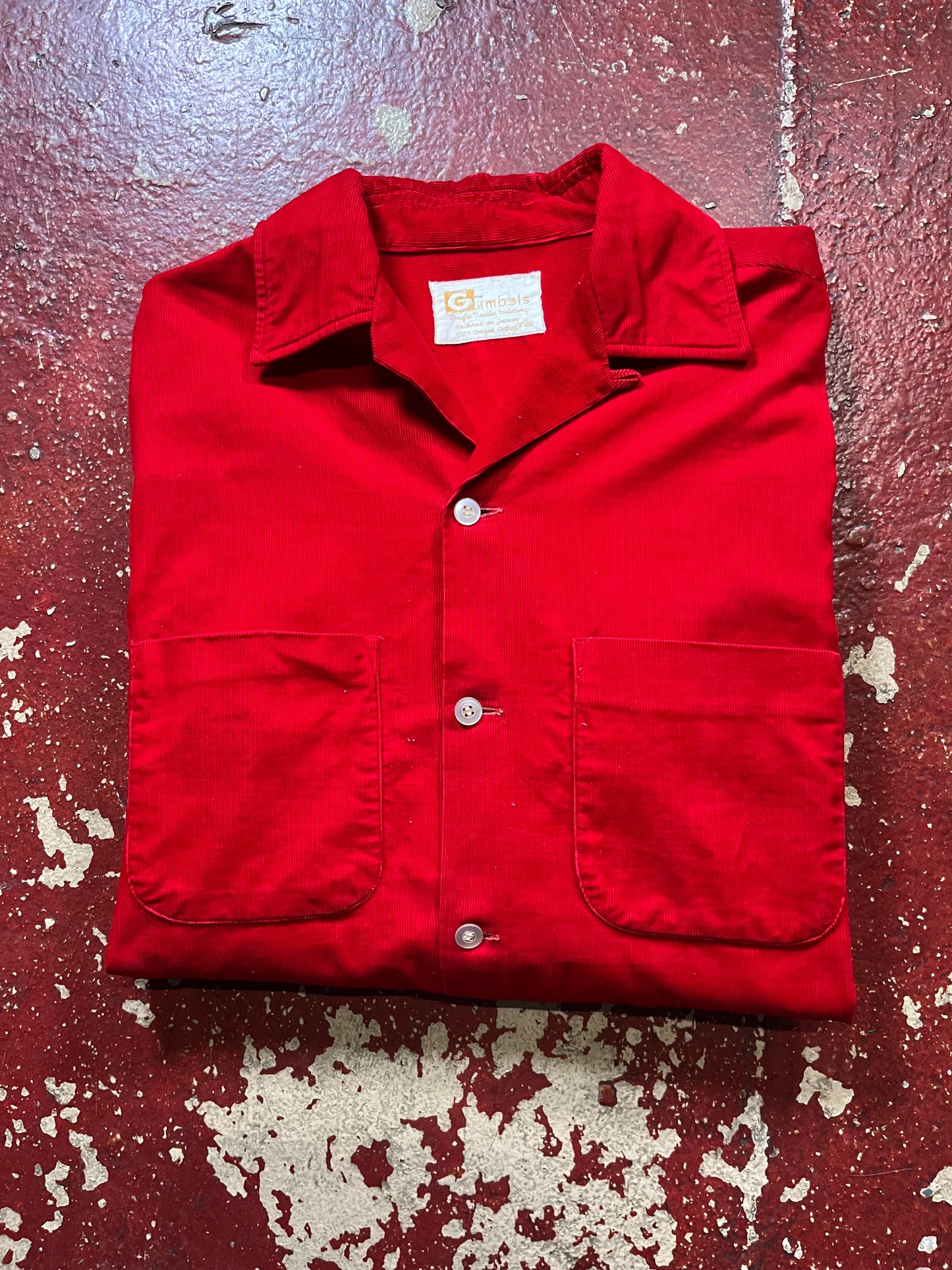 60s Gimbels Red Corduroy Loop Collar Long Sleeve Shirt
