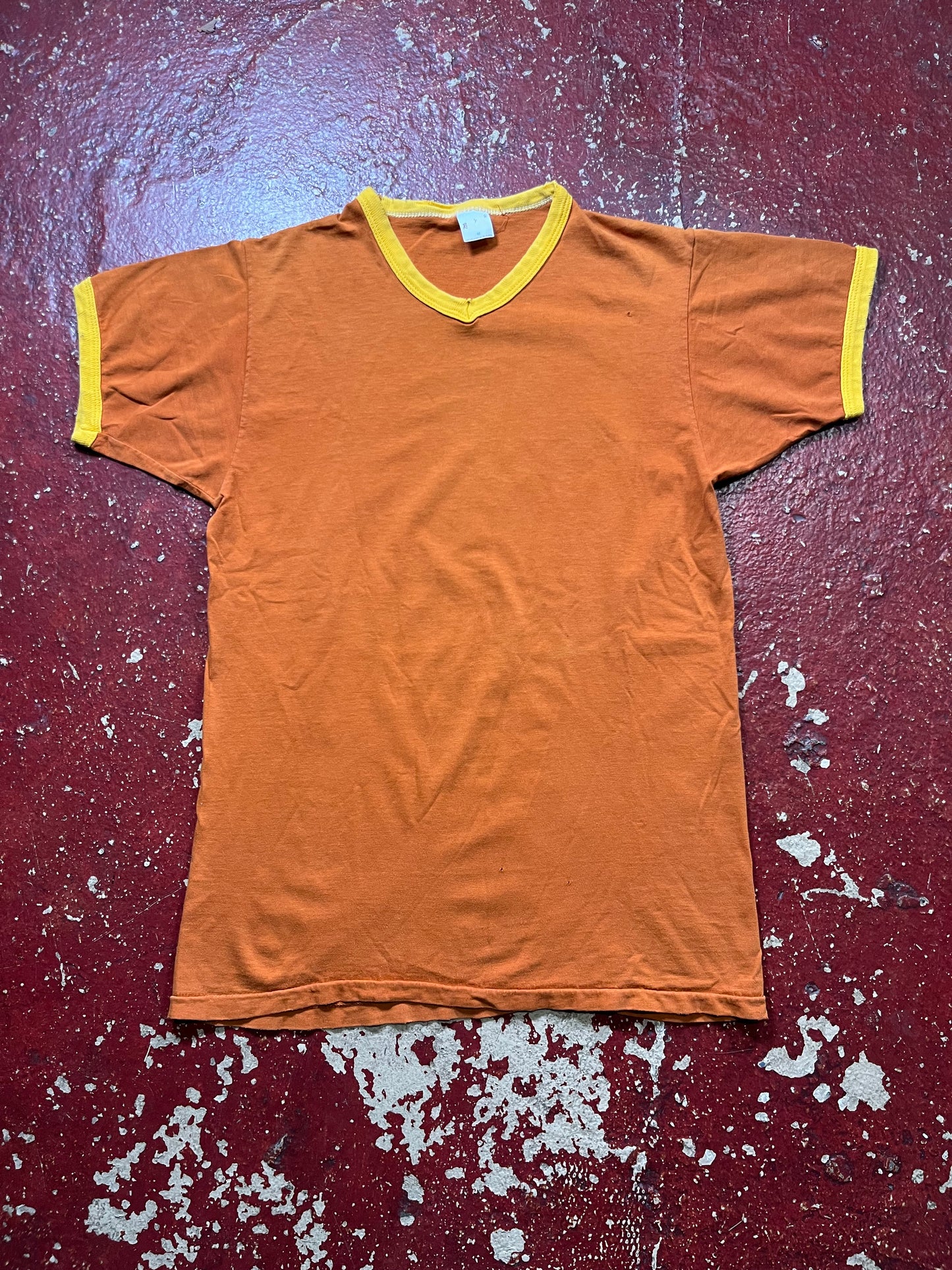 70s Russell Orange & Yellow Vee Neck Ringer Tee
