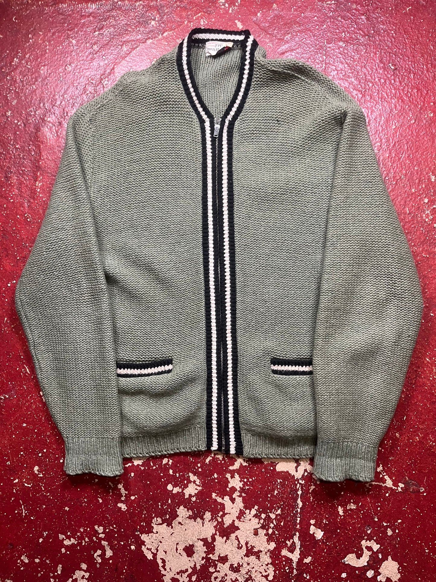 50s/60s 2 Ply Shetland Green Full Zip Up Wool Sweater