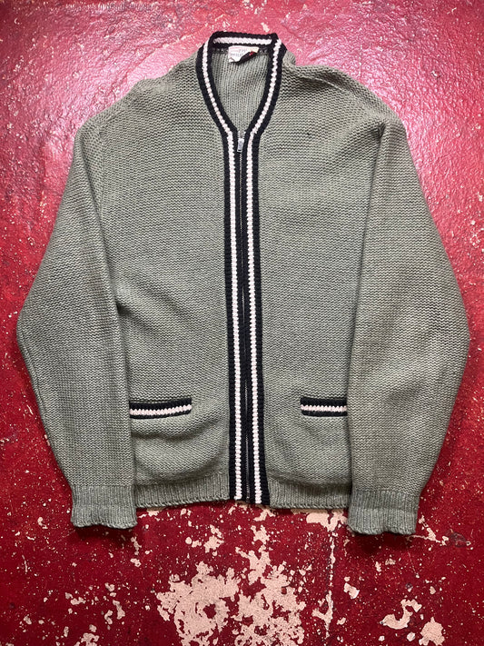 50s/60s 2 Ply Shetland Green Full Zip Up Wool Sweater