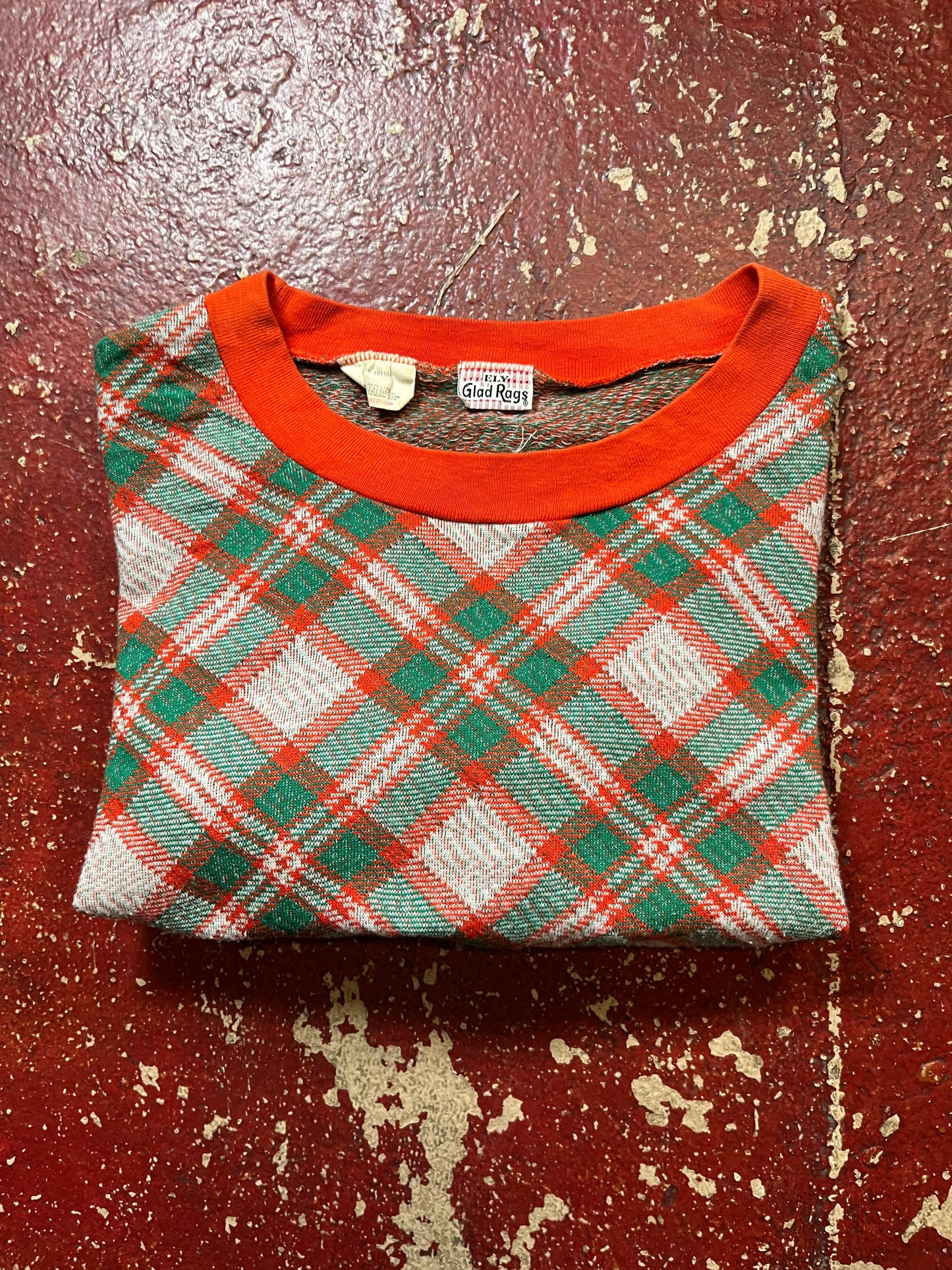 70s Ely Grad Rags Orange & Green Plaid Womens Crewneck