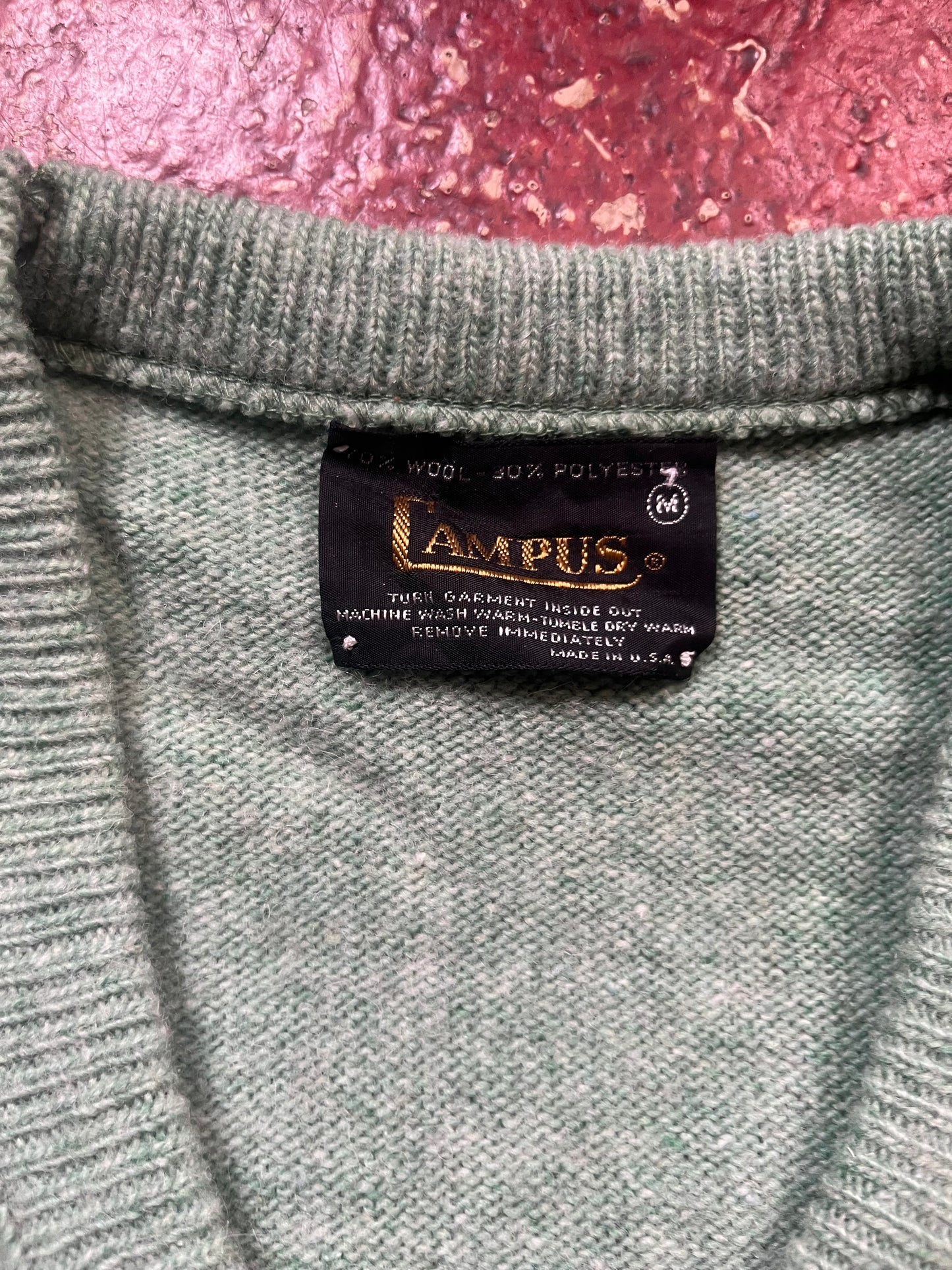 60s Campus Green Vee Neck Sweater