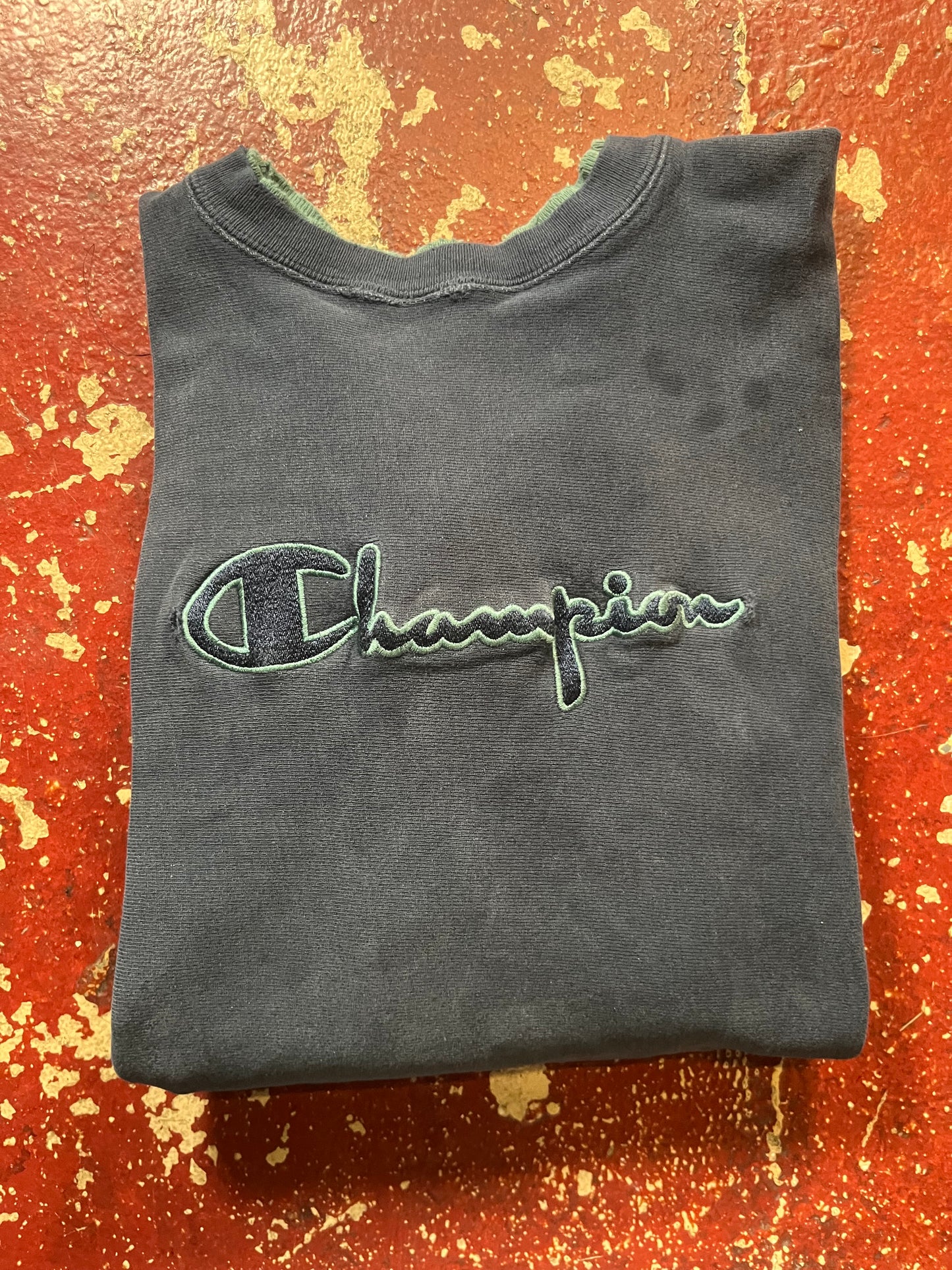 90s Champion Reverse Weave Blue & Green Spellout Crewneck