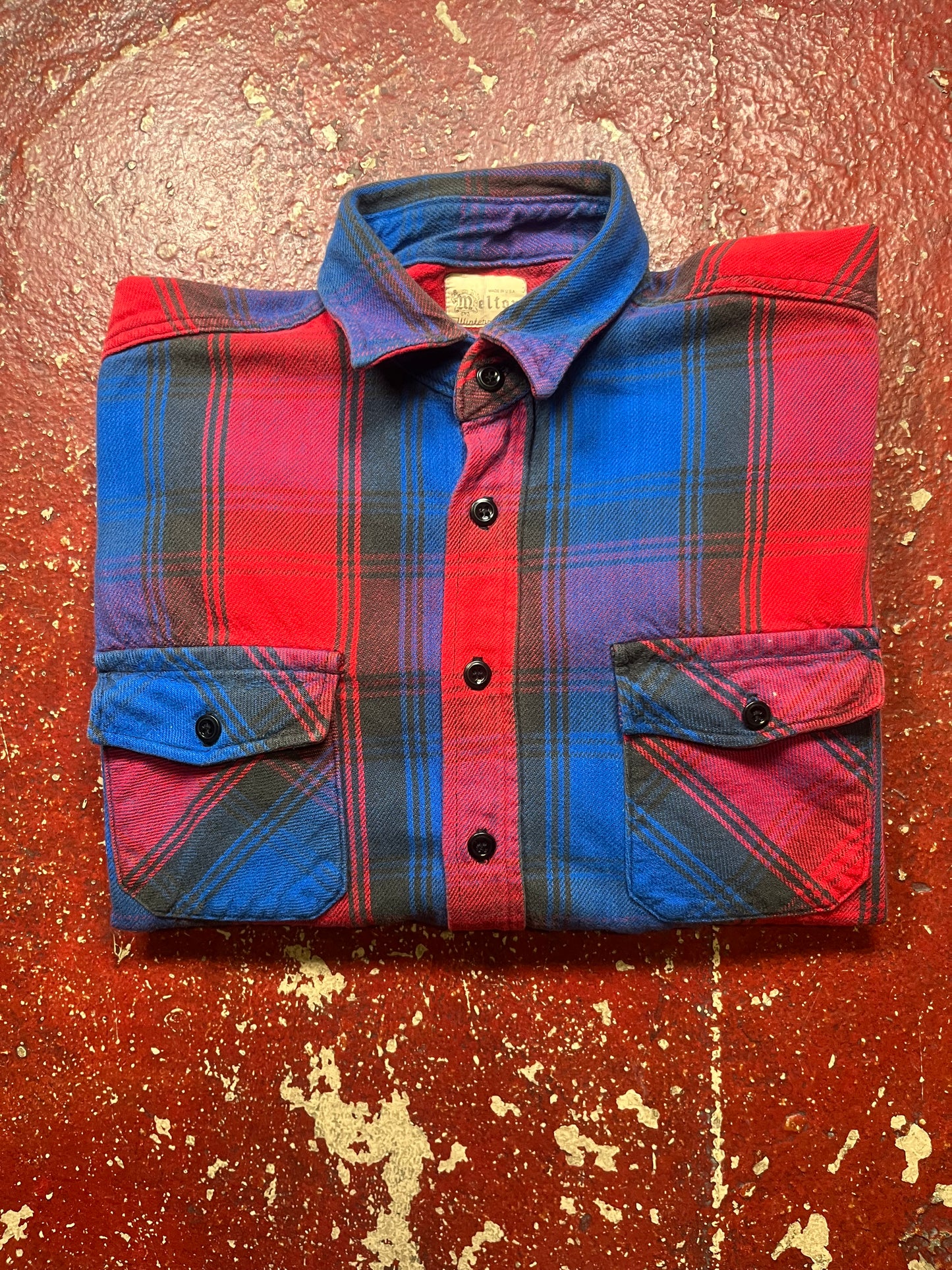 60s/70s Melton Blue & Red Cotton Flannel