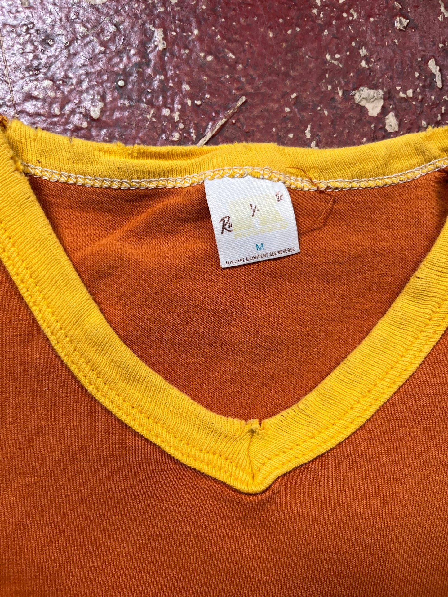 70s Russell Orange & Yellow Vee Neck Ringer Tee