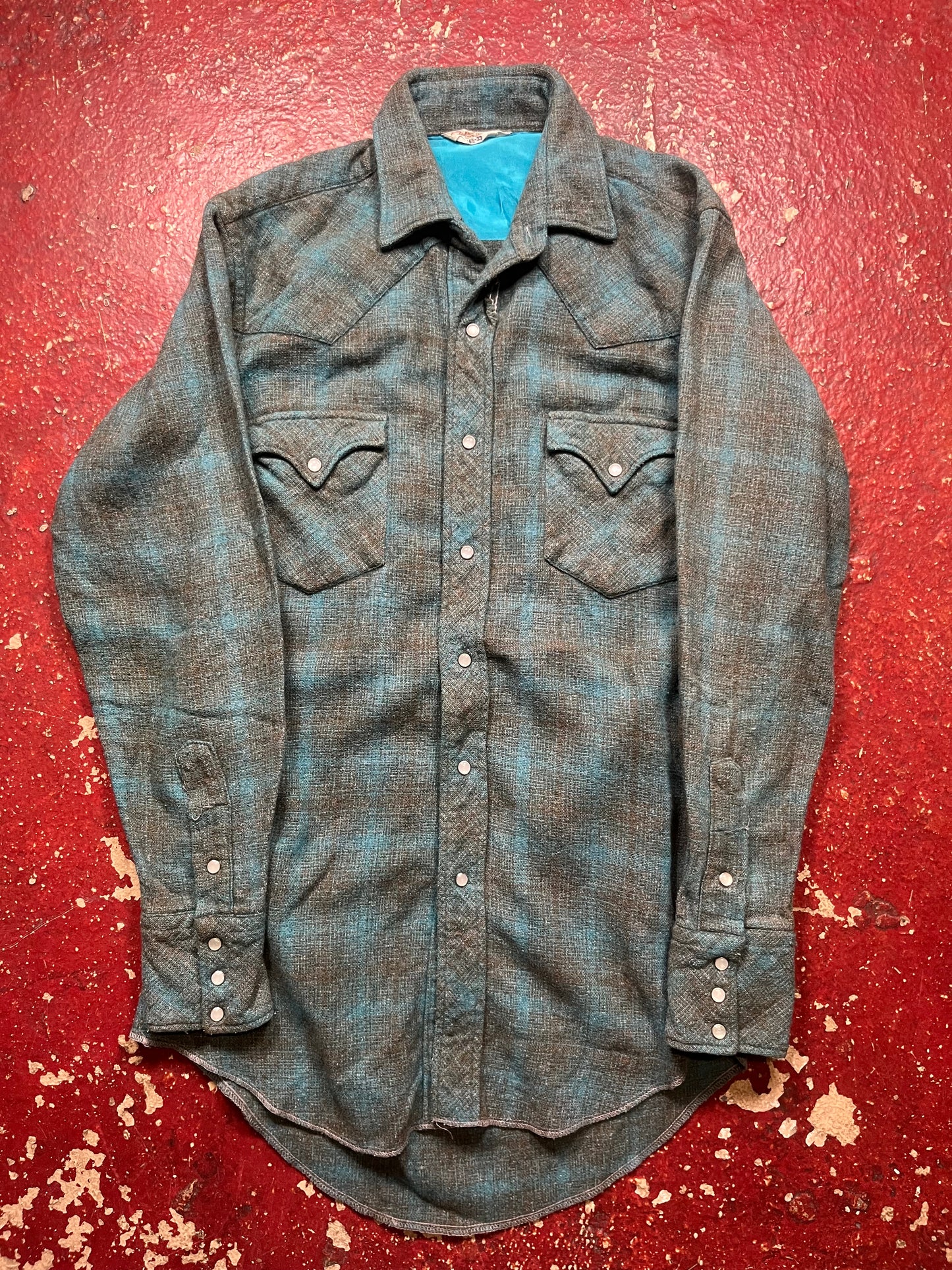 60s/70s Green & Blue Wool Pearl Snap Western Shirt