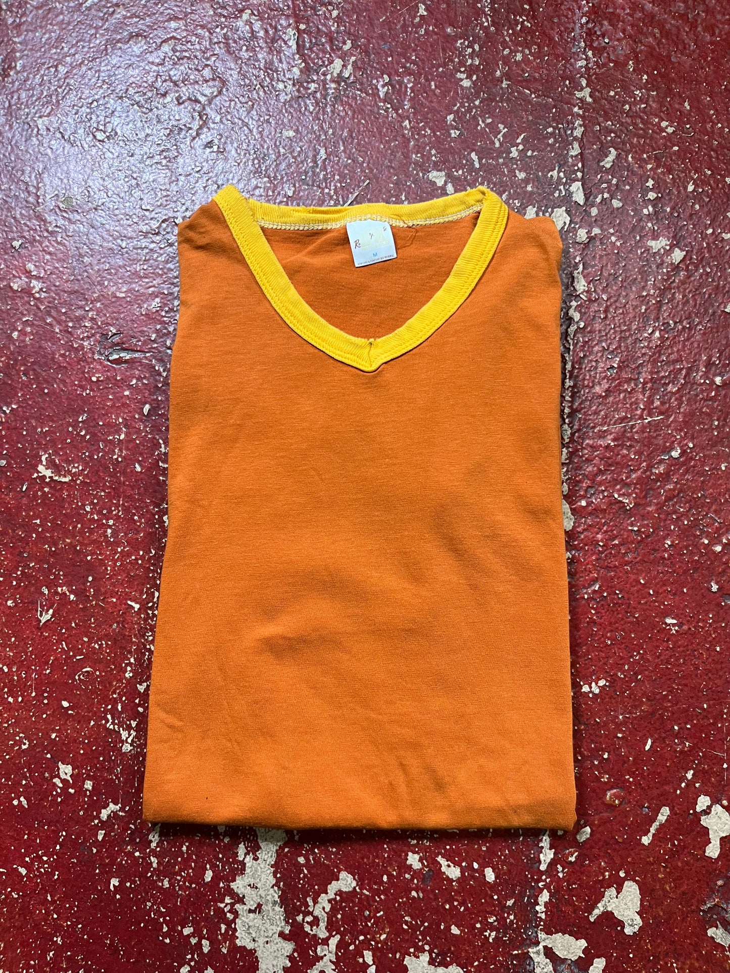 70s Russell Orange & Yellow Vee Neck Ringer Tee