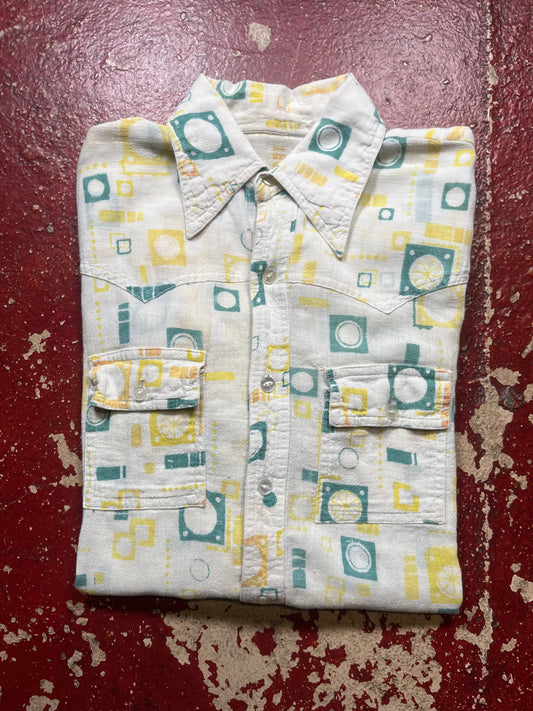 60s/70s Green & Yellow Cotton Long Sleeve Shirt