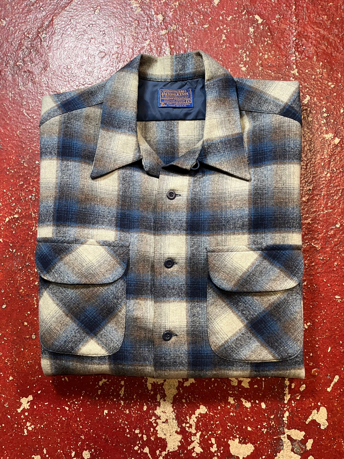 60s Pendleton Blue & Brown Shadow Plaid Long Sleeve Board Shirt