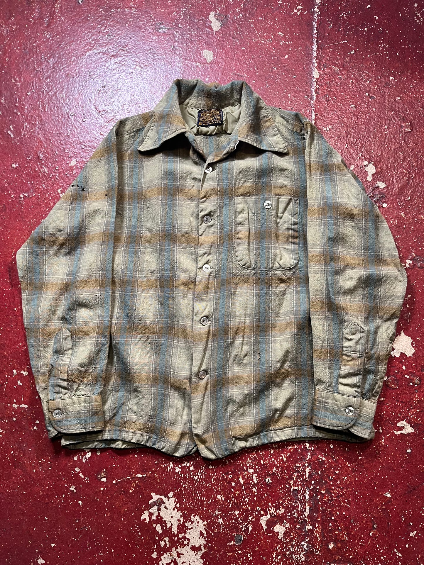 50s/60s Pendleton Green & Brown Loop Collar Long Sleeve Shirt