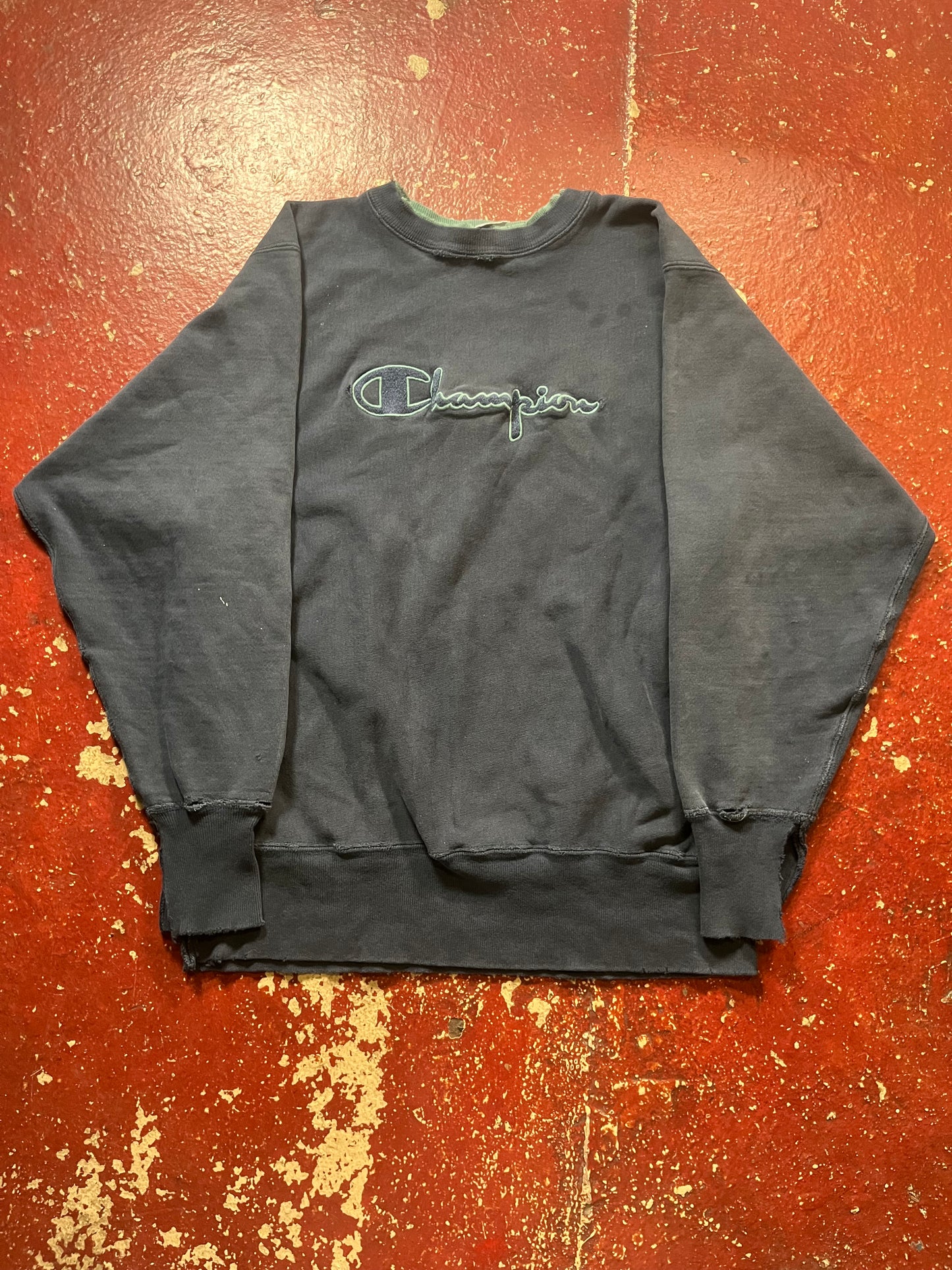 90s Champion Reverse Weave Blue & Green Spellout Crewneck