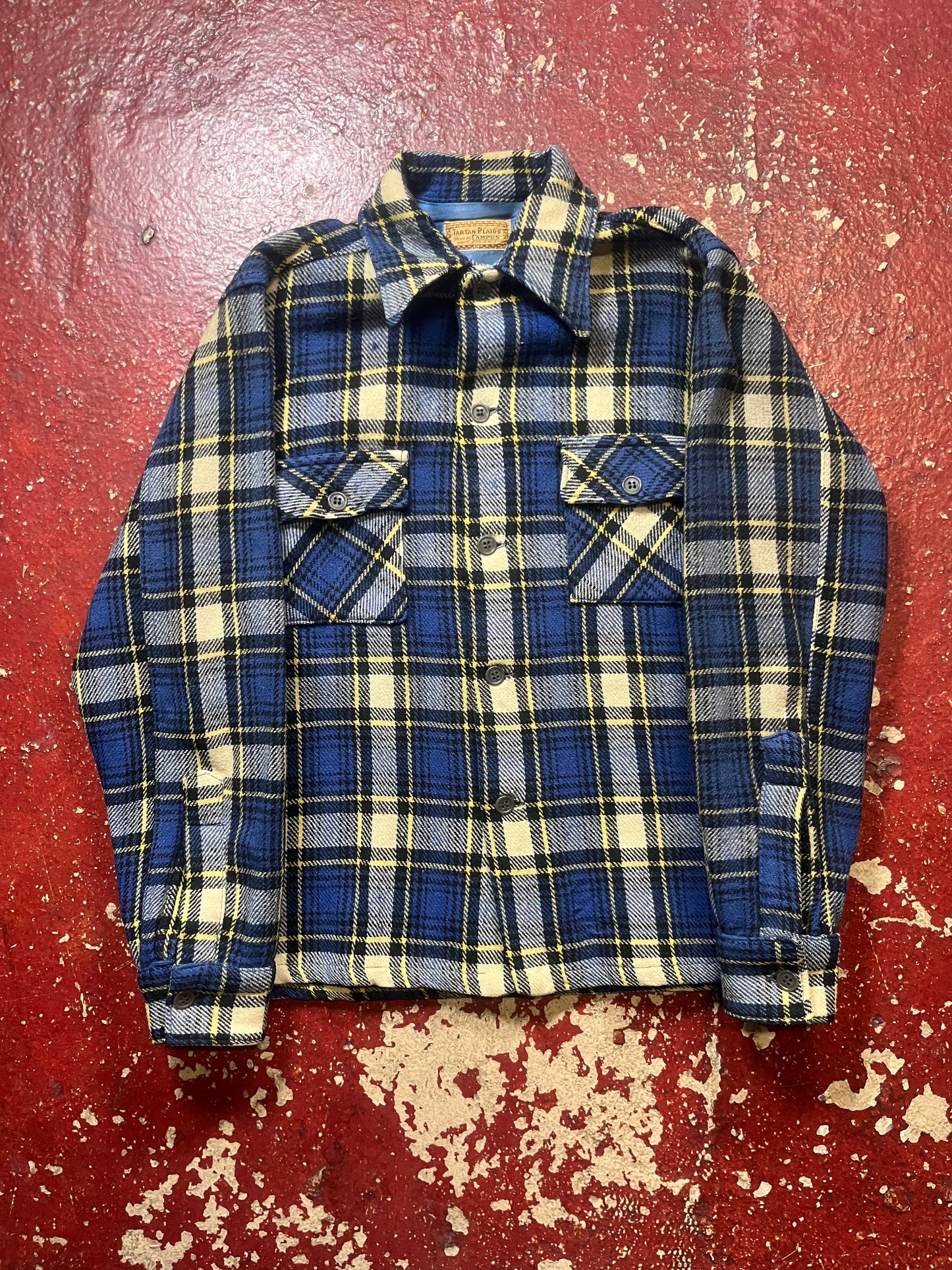 50s Campus Tartan Plaids Blue & Yellow Wool Flannel