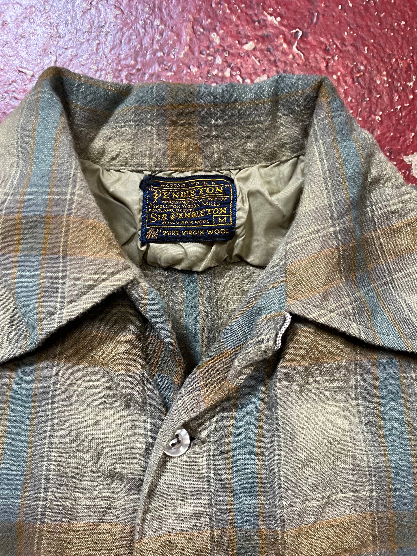 50s/60s Pendleton Green & Brown Loop Collar Long Sleeve Shirt