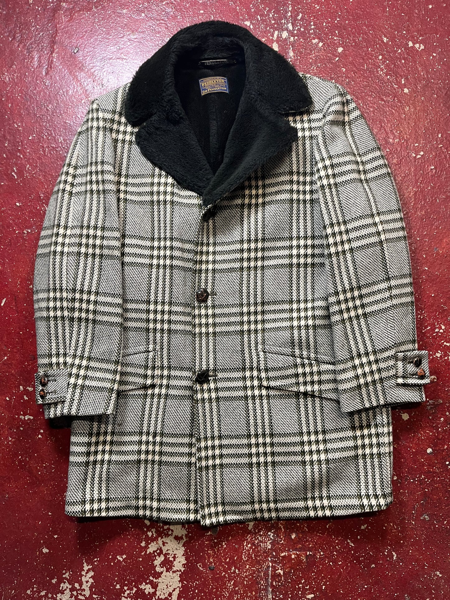 50s Pendleton White & Black Fur Lined Overcoat Jacket