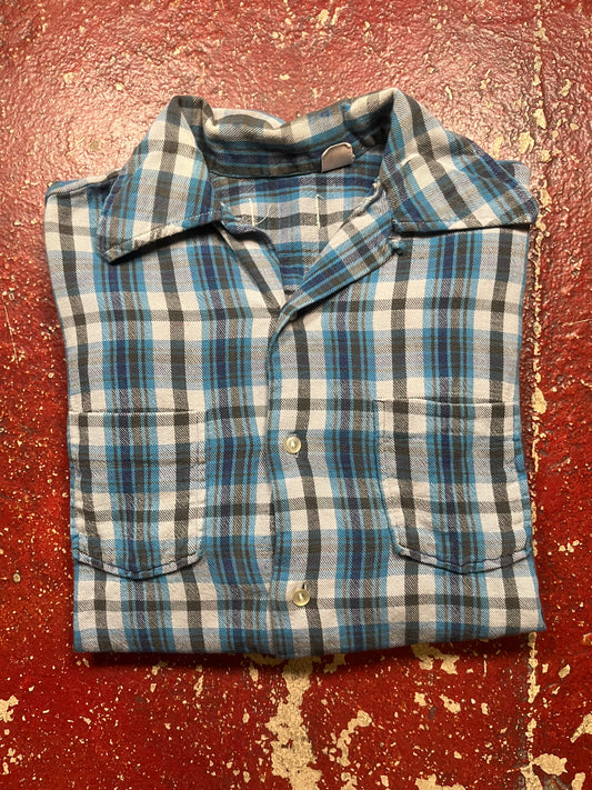 60s Blue & Black Cotton Cotton Flannel