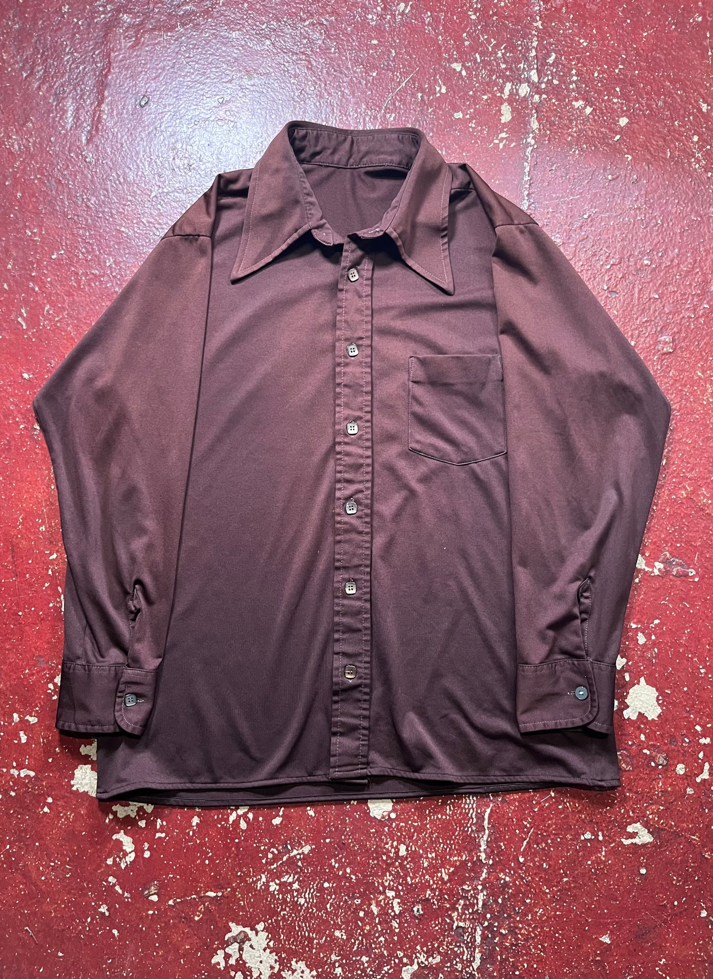 70s Brown Polyester Long Sleeve Shirt