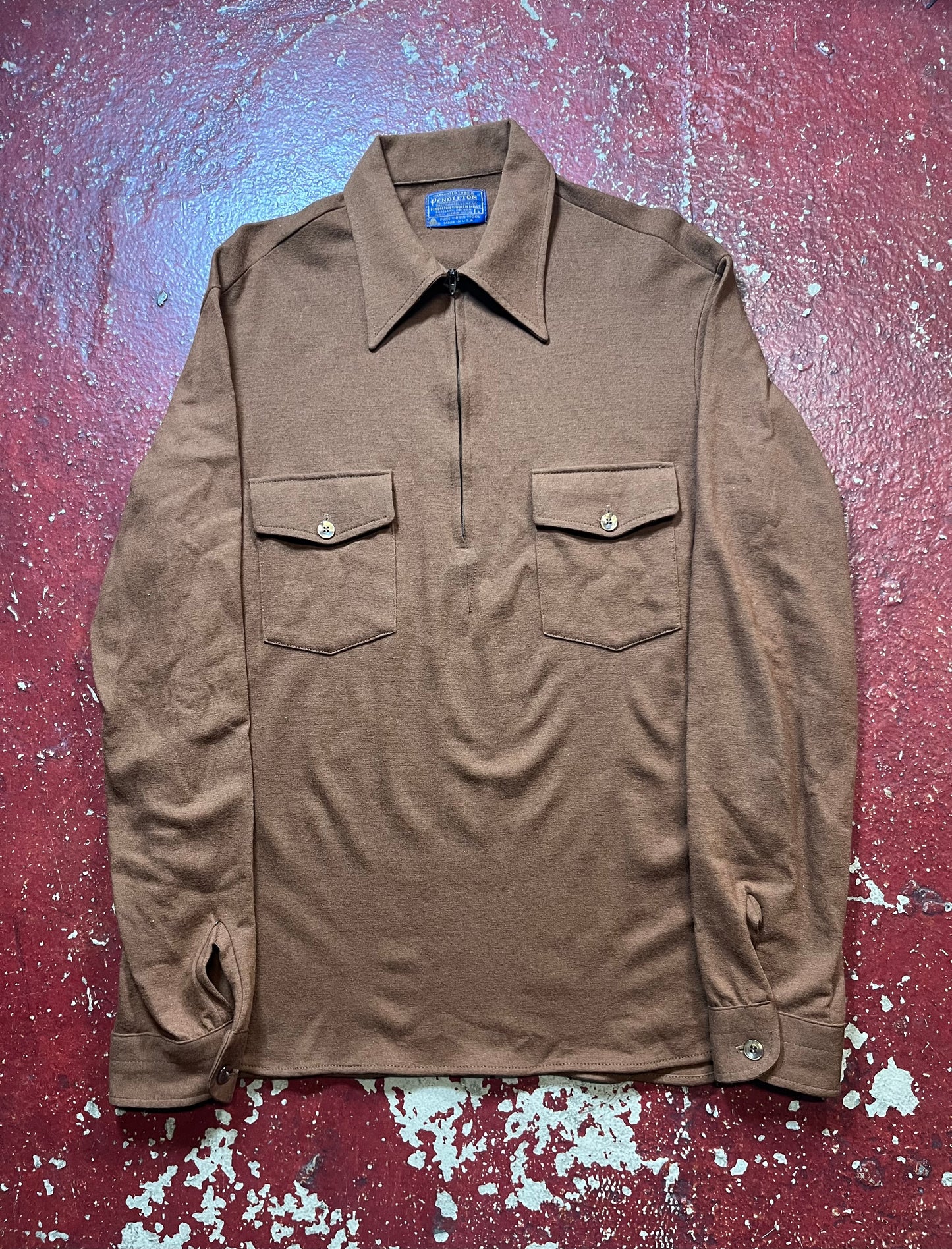60s/70s Pendleton Brown Quarter Zip Up Long Sleeve Shirt