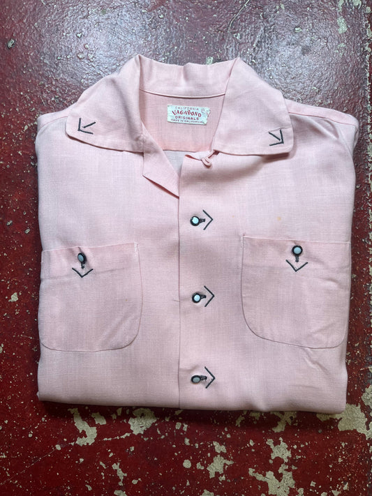 50s Vagabond Pink Gabardine Long Sleeve Loop Collar Shirt