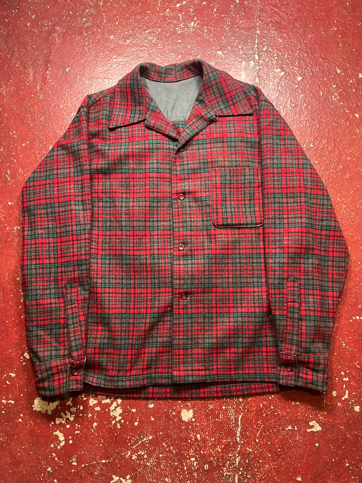 60s Green & Red Wool Looper Collar Flannel