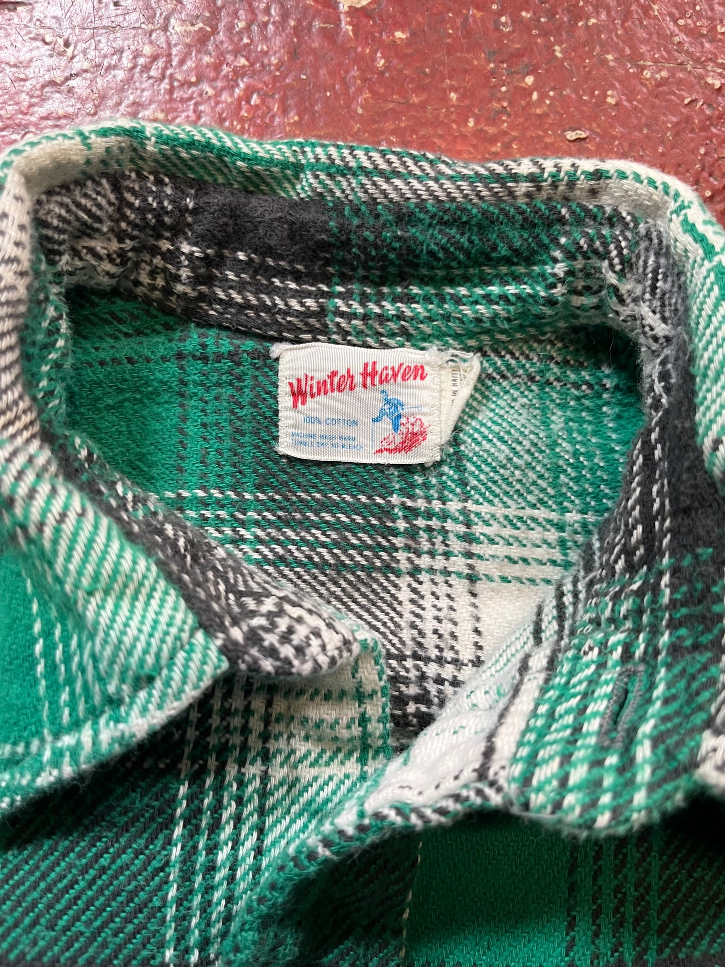 50s/60s Winter Haven Green & White Flannel