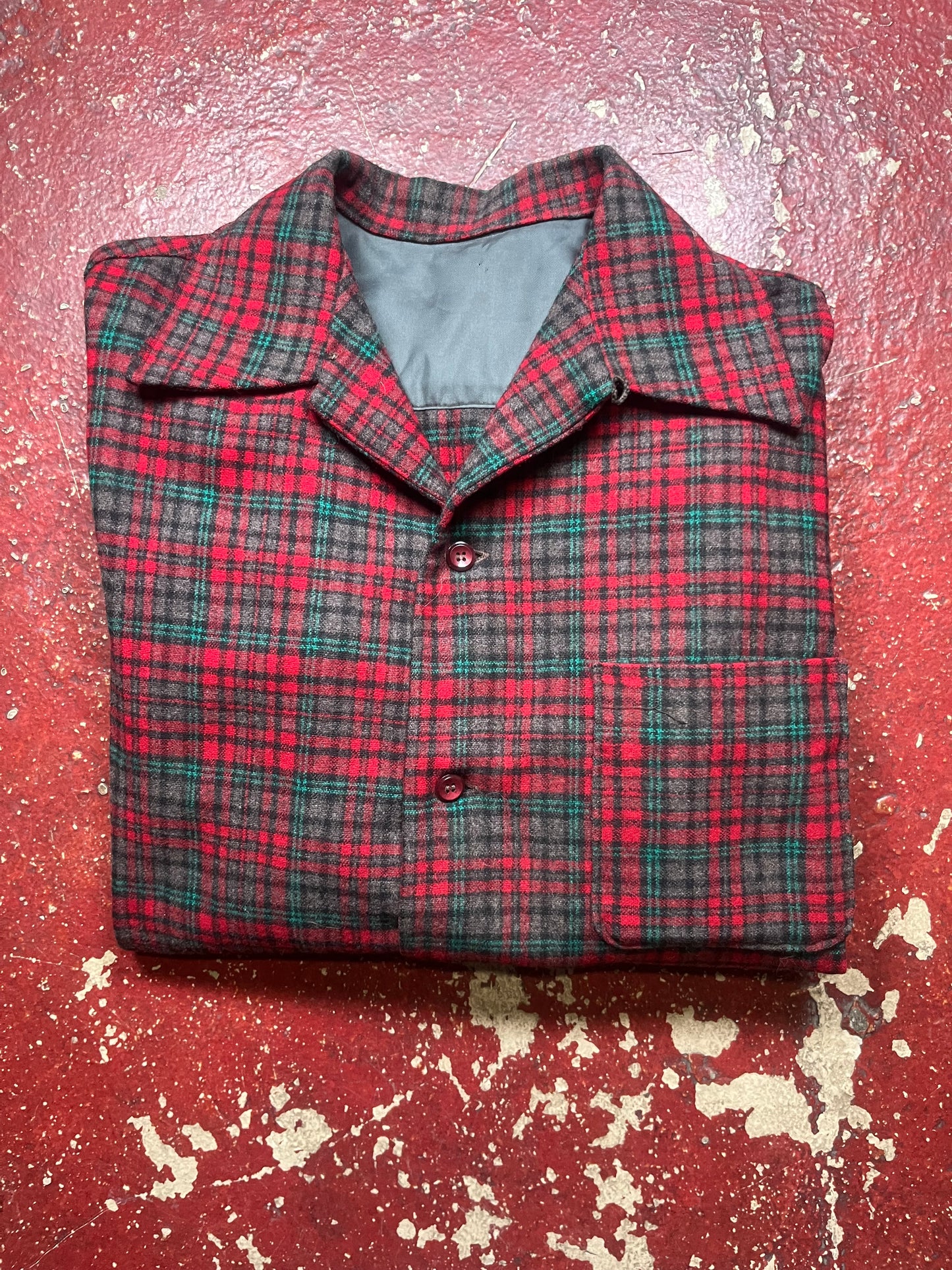 60s Green & Red Wool Looper Collar Flannel