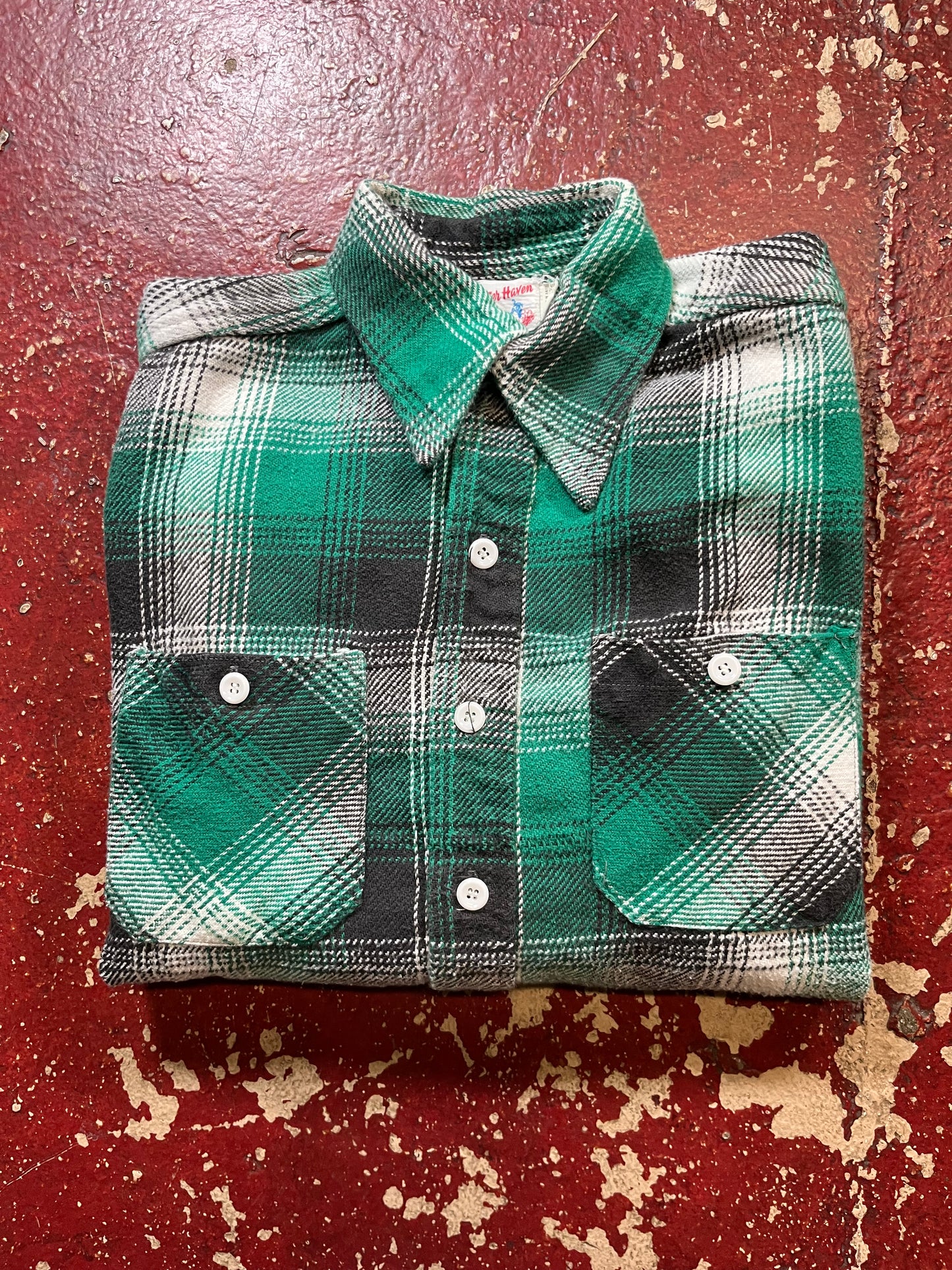 50s/60s Winter Haven Green & White Flannel