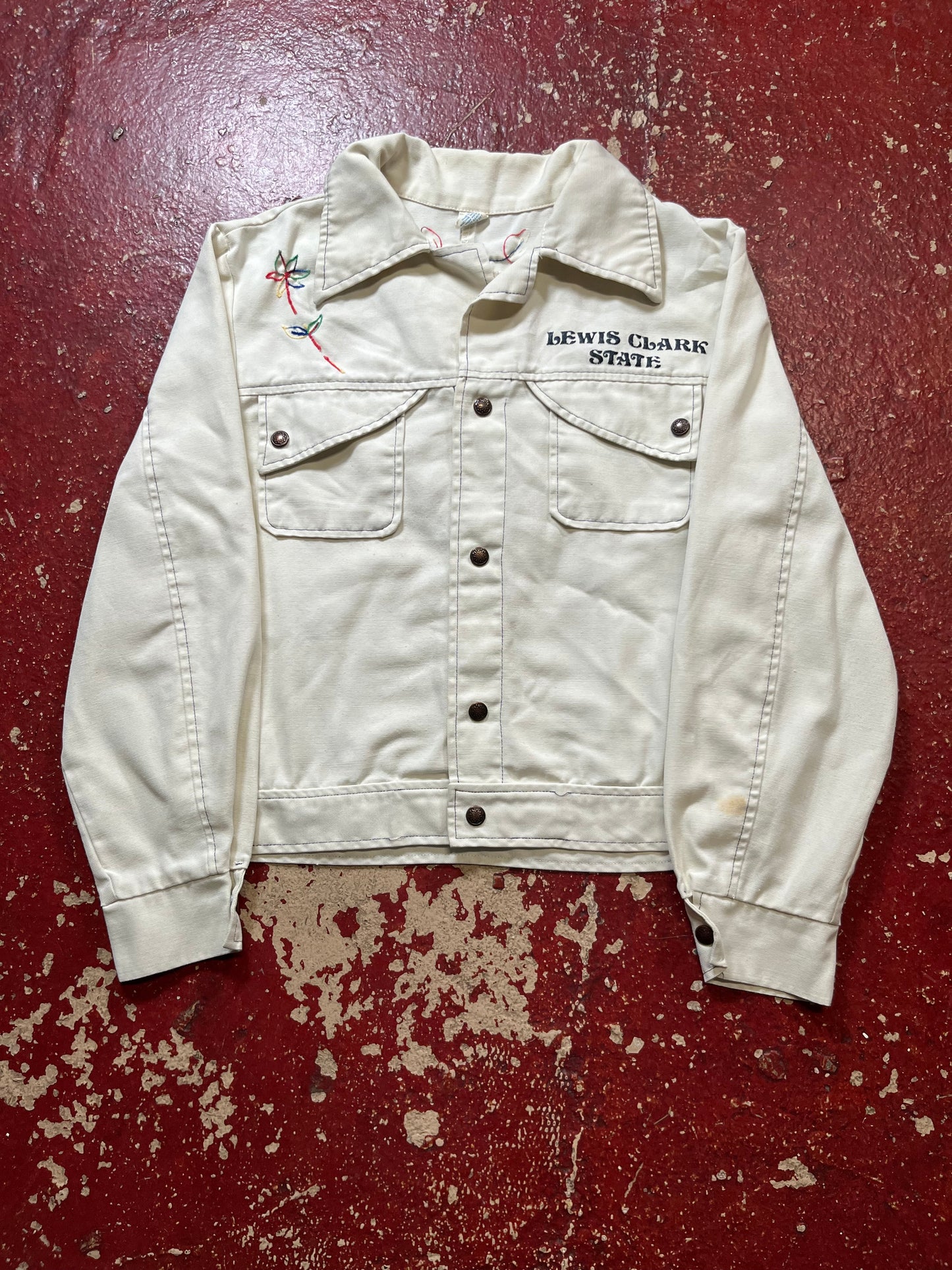 70s Lewis Clark State White Snap Jacket