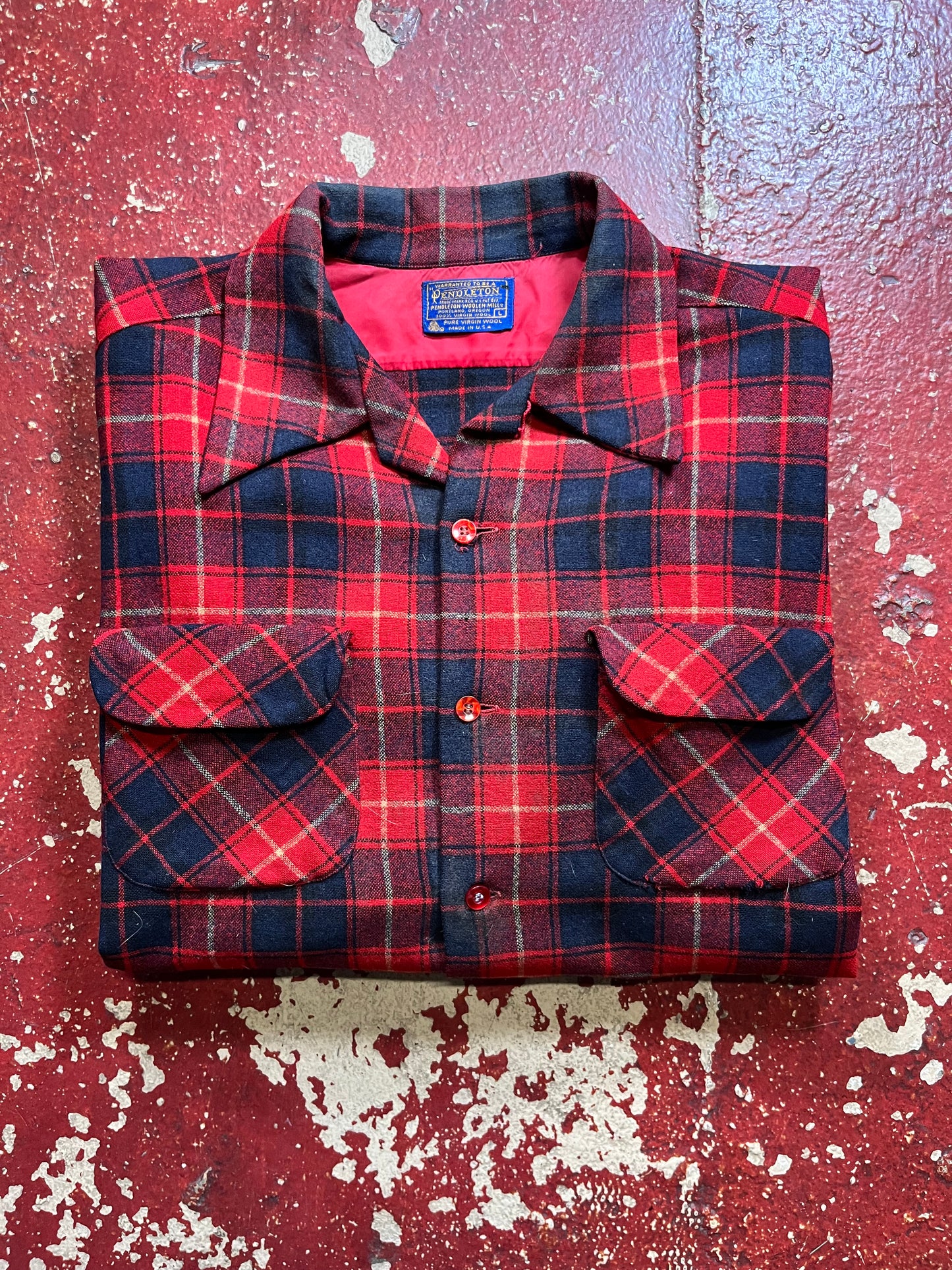 60s Pendleton Red & Blue Loop Collar Board Shirt
