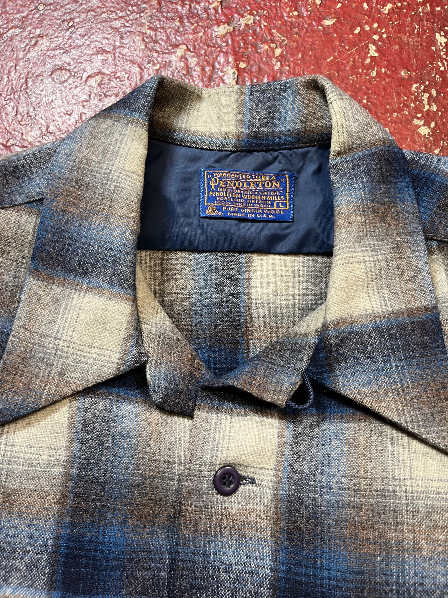60s Pendleton Blue & Brown Shadow Plaid Long Sleeve Board Shirt