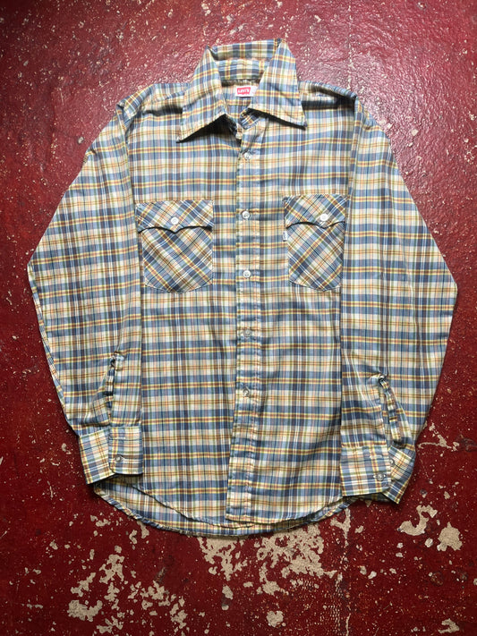 70s Levis Blue & Yellow Long Sleeve Button Up Shirt