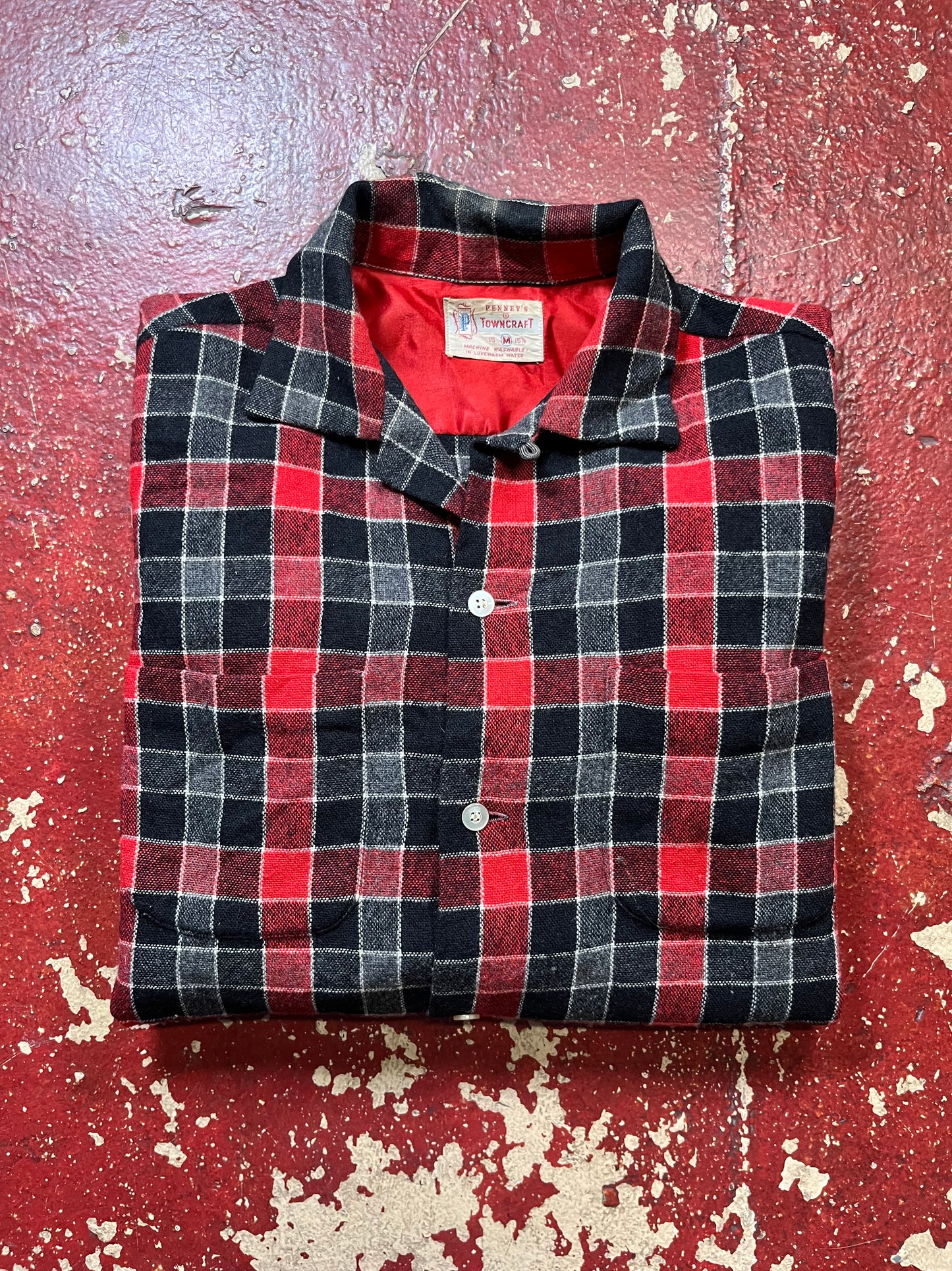50s Penneys Towncraft Red & Black Loop Collar Flannel