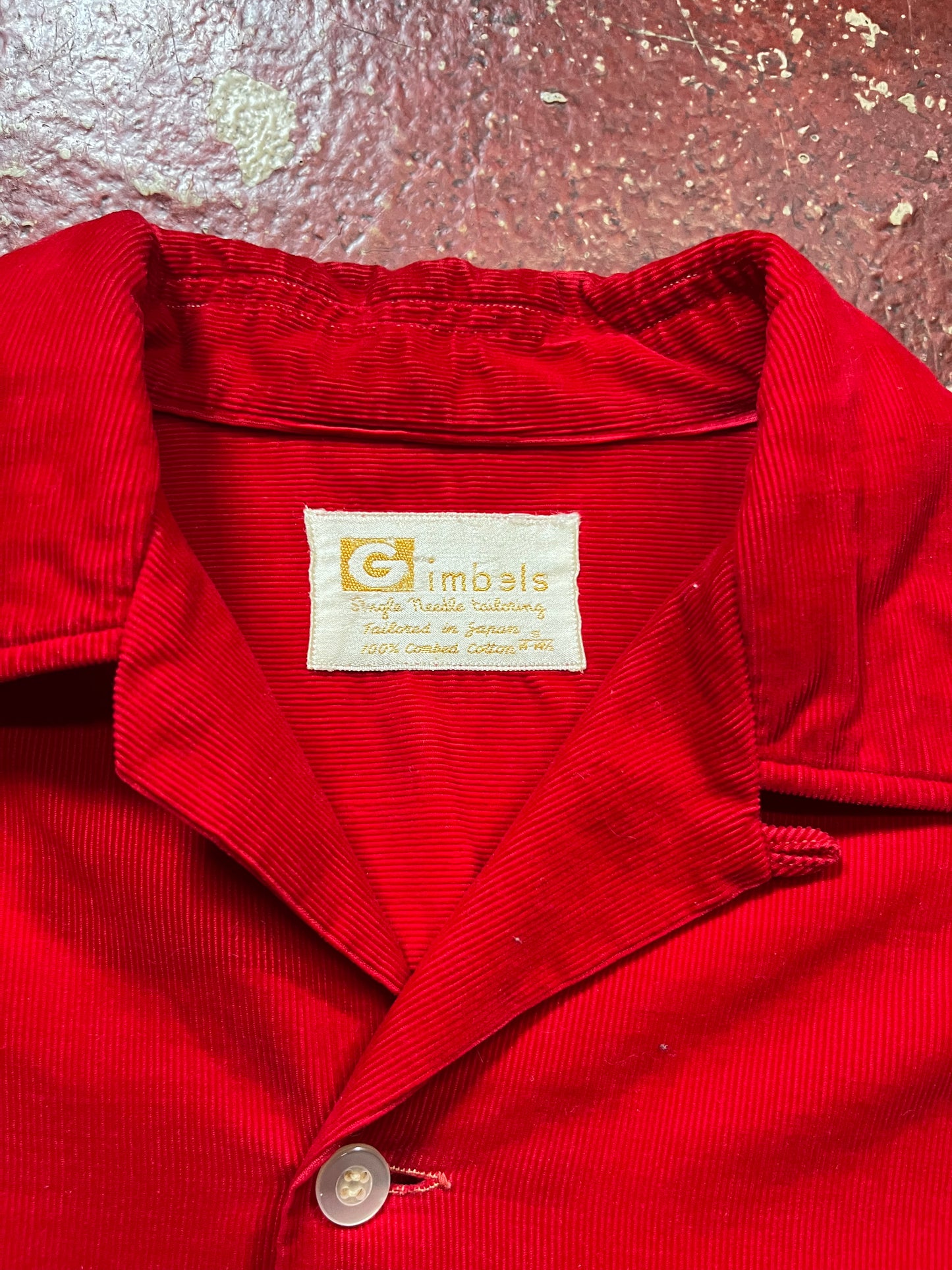 60s Gimbels Red Corduroy Loop Collar Long Sleeve Shirt