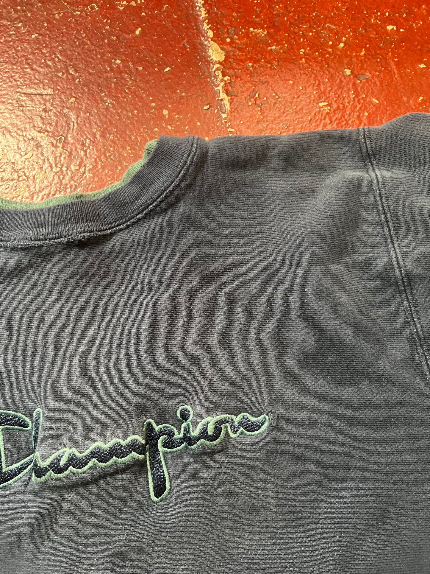 90s Champion Reverse Weave Blue & Green Spellout Crewneck