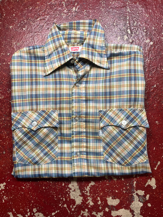 70s Levis Blue & Yellow Long Sleeve Button Up Shirt
